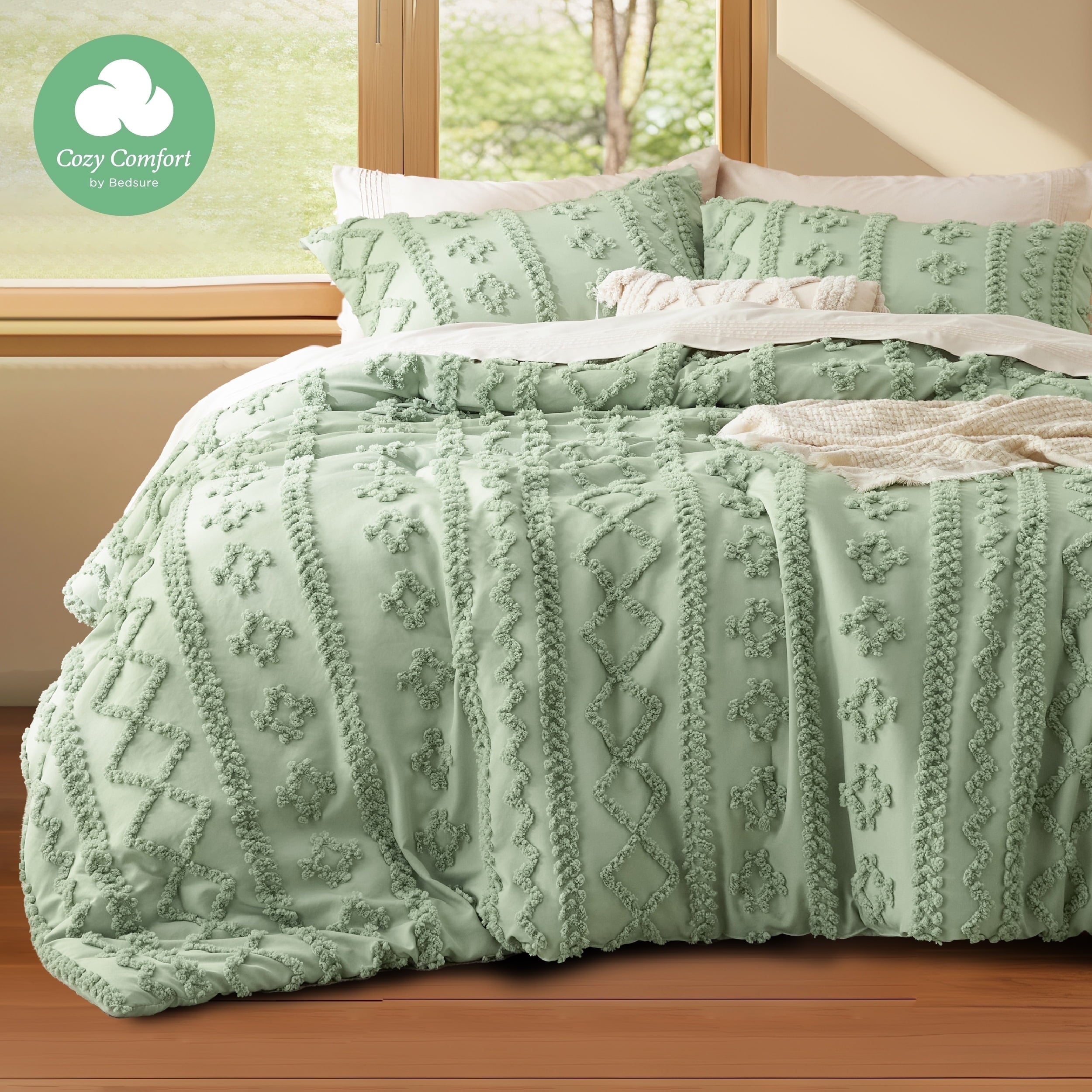 U by Bedsure Tufted Boho Comforter Set, 3 Pieces Farmhouse Shabby Chic Embroidery Bed Set, Soft Jacquard Comforter for All Seasons,Full,Aqua Gray
