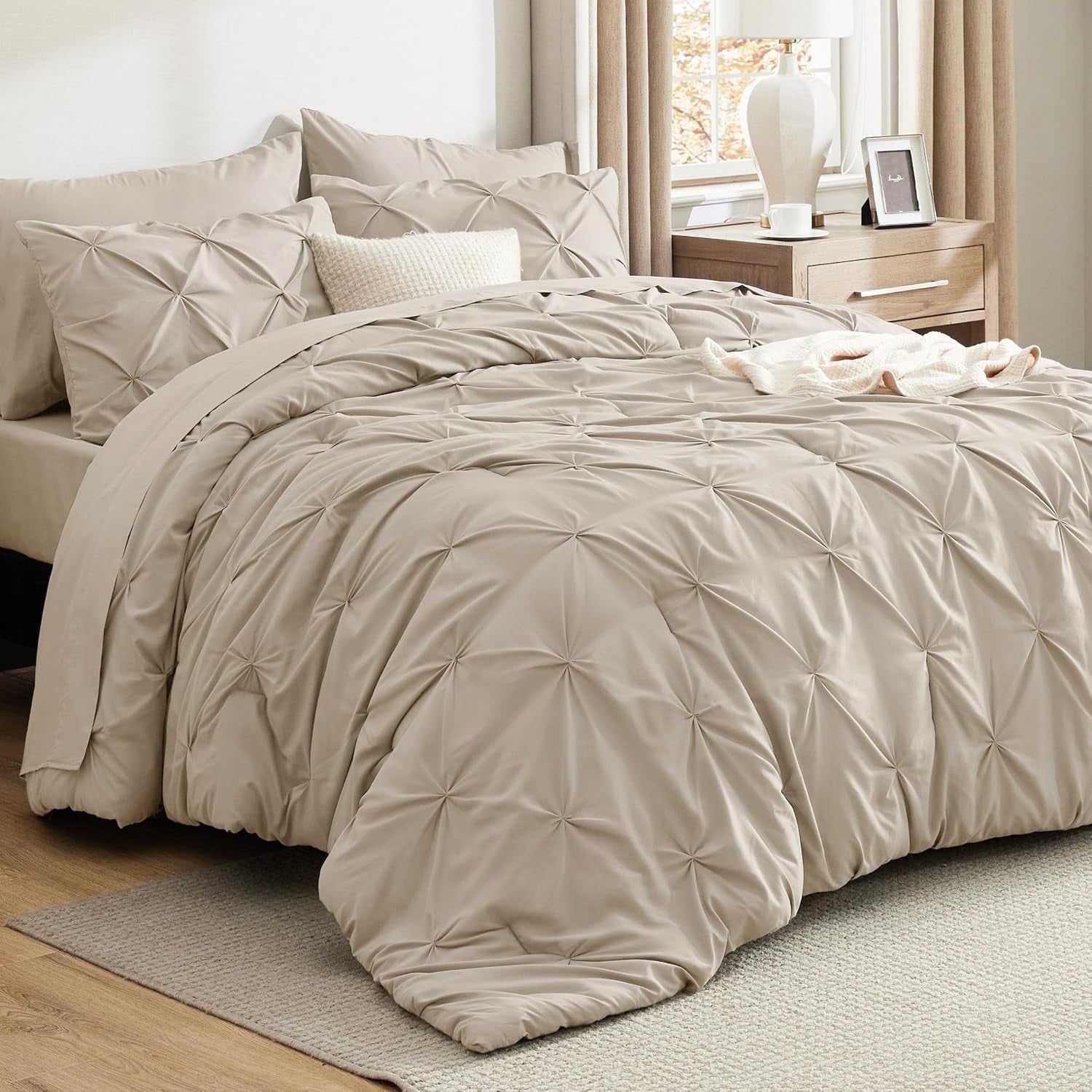 U by Bedsure Twin Size Comforter Sets - 5 Pieces Pintuck Bed Set Twin Size, Beige Twin Size Bed in a Bag with Comforter, Sheets, Pillowcase & Sham