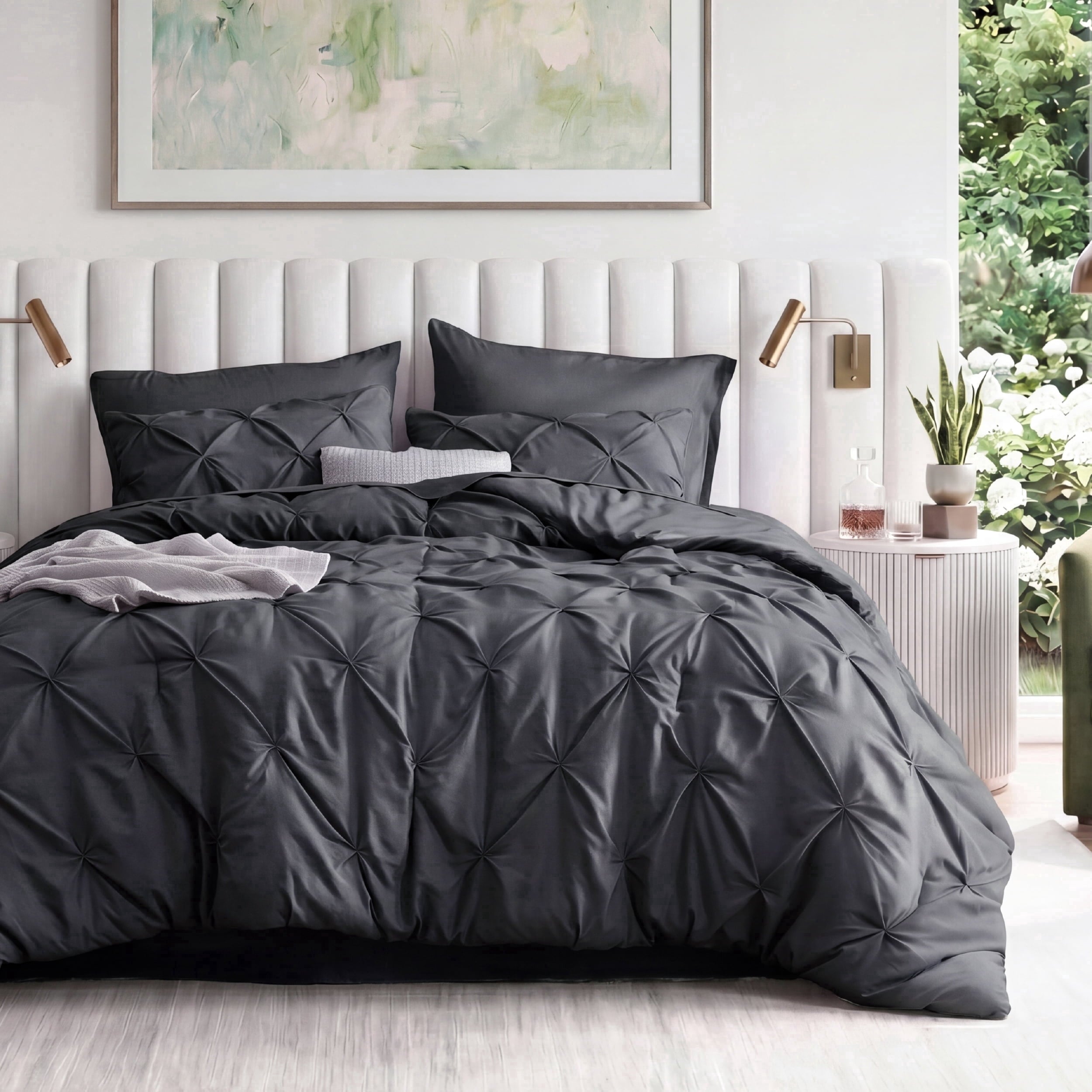 U by Bedsure Full Comforter Set Black, Bed in a Bag Full Size Bedding, 7 Pieces Pinch Pleat All Season Comforter with Sheets, Pillowcases & Shams new