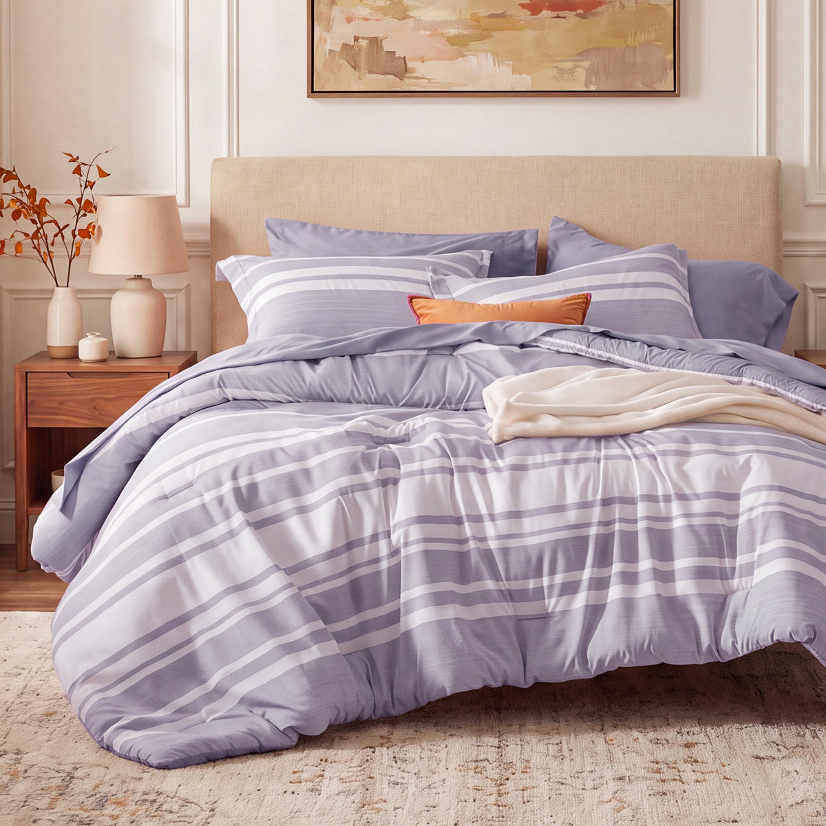 U by Bedsure Full Comforter Set Purple, 7 Pieces Reversible Bed in a Bag, Striped Bedding Set, All-Season New