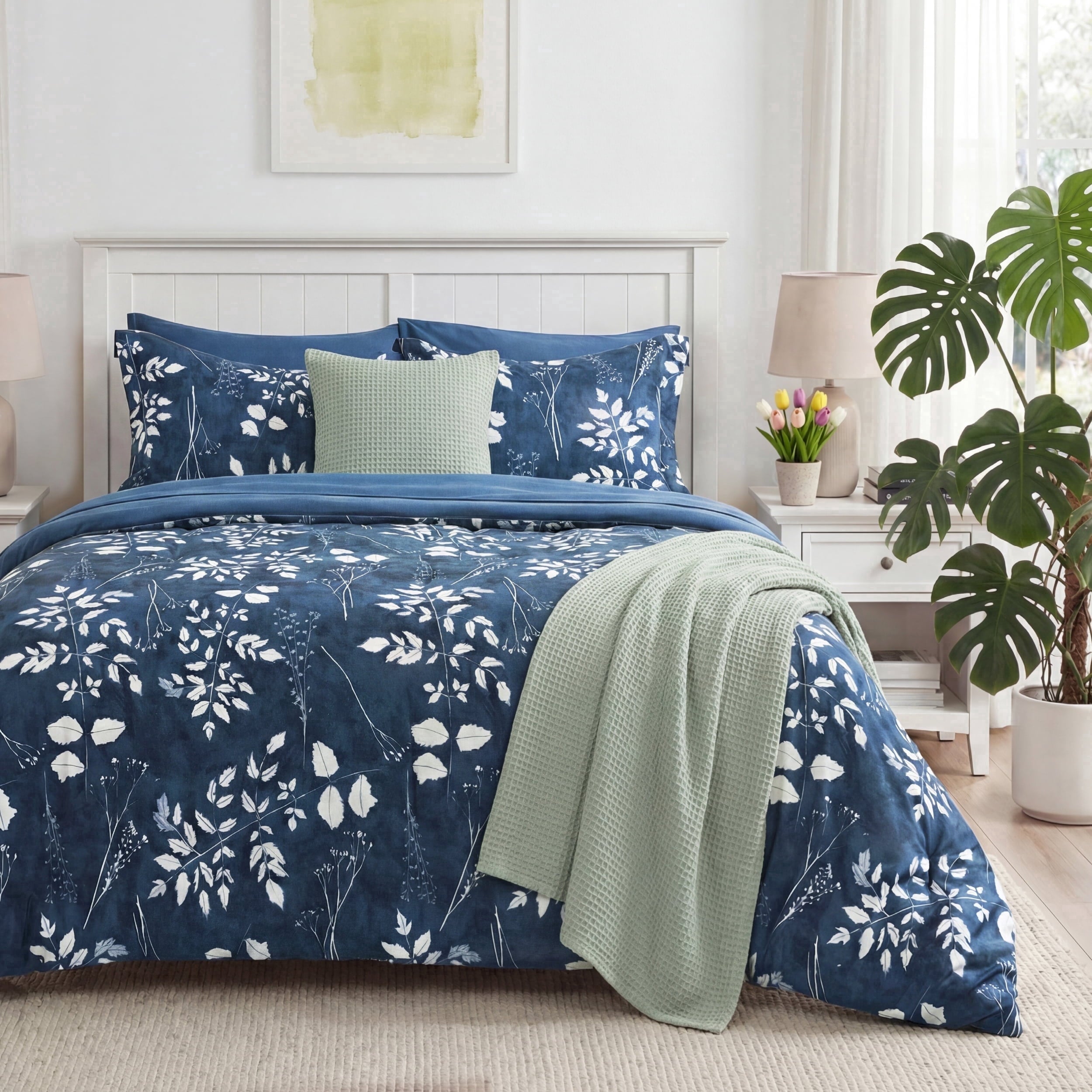 U by Bedsure King Comforter Set Navy, Bed in a Bag King Size Bedding, 7-Pieces Botanical Flowers Comforter, Sheets, Pillowcases & Shams
