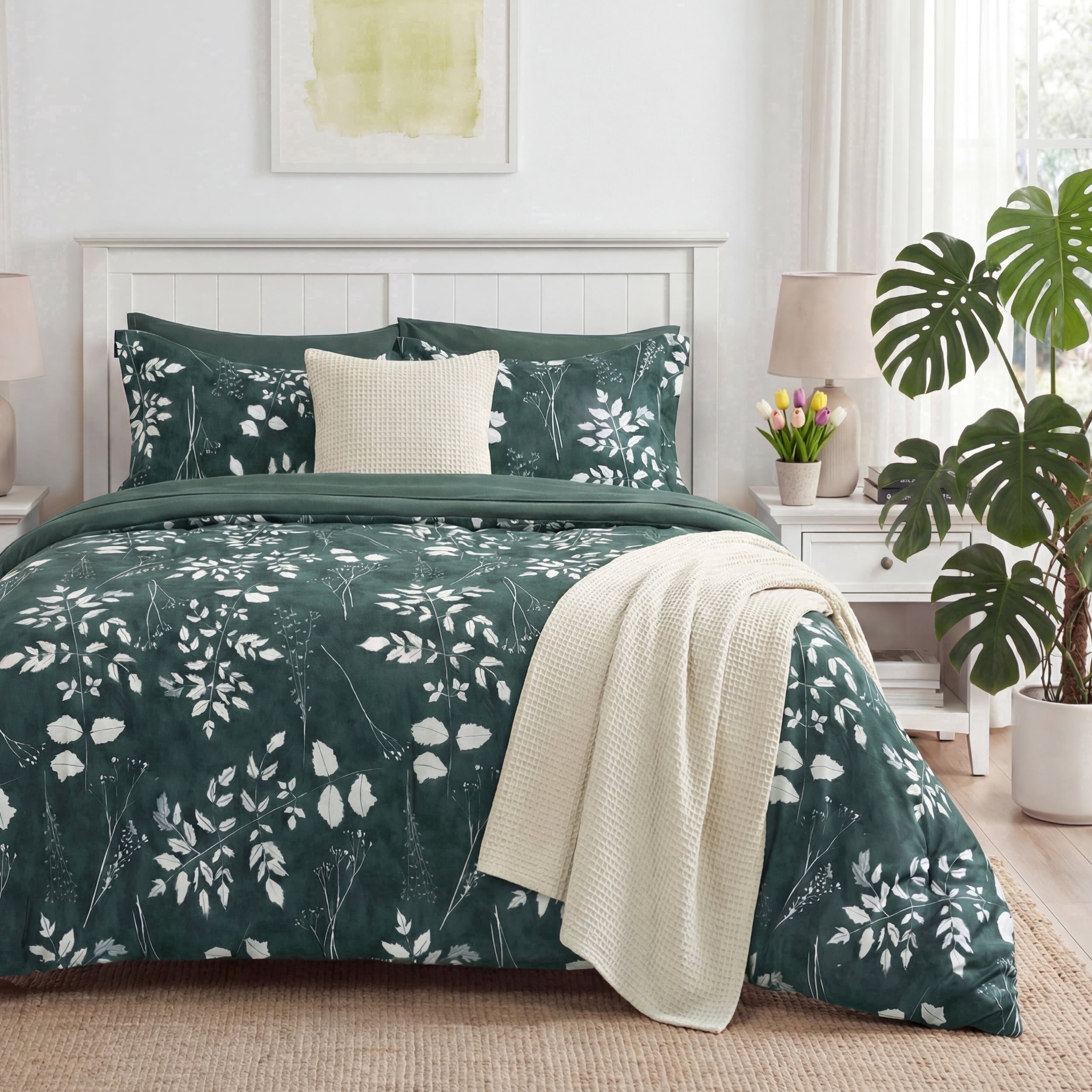 U by Bedsure Queen Comforter Set Forest Green, Bed in a Bag Queen Size Bedding, 7-Pieces Botanical Flowers Comforter, Sheets, Pillowcases & Shams