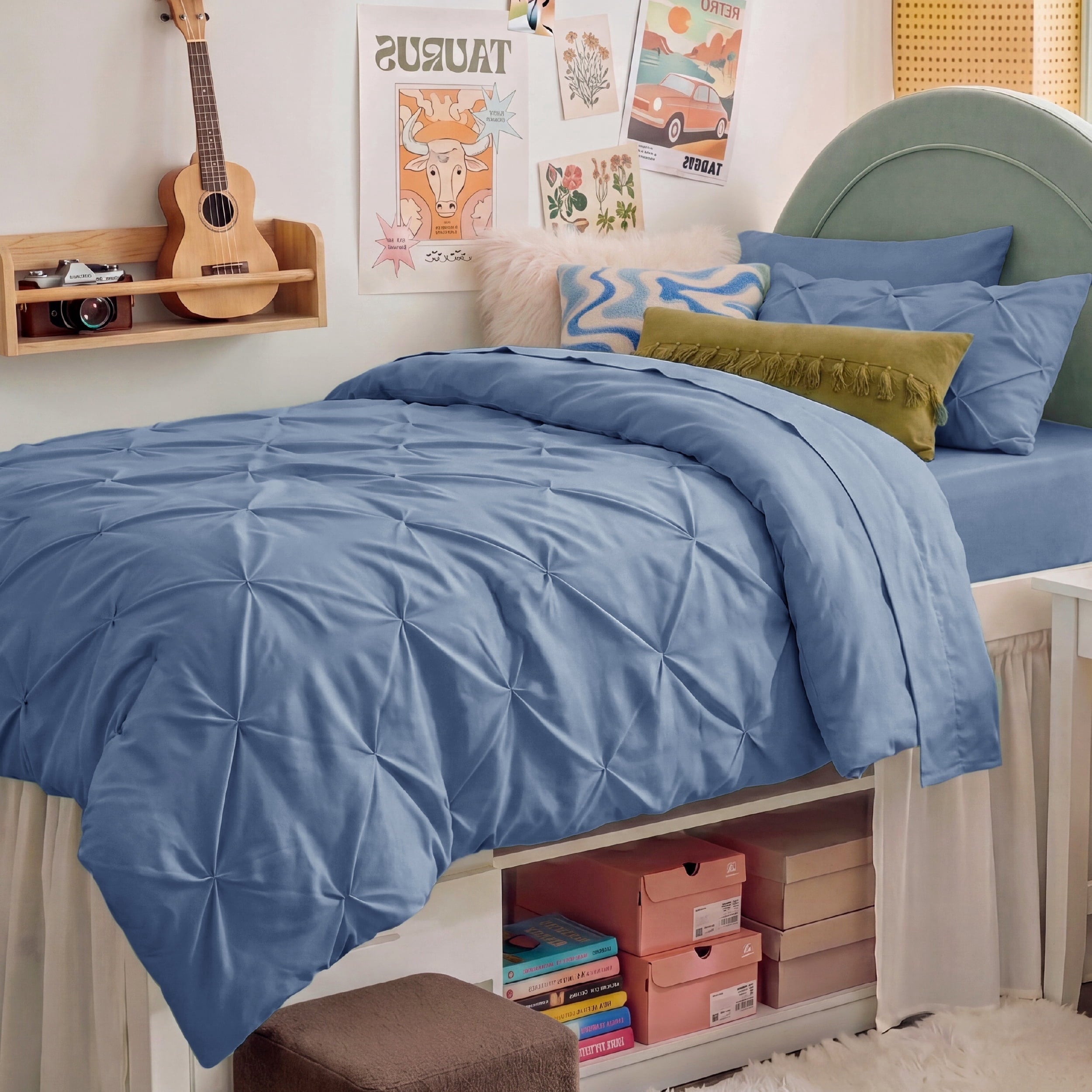 U by Bedsure Twin/Twin XL Comforter Set Slate Blue, Bedding for College Dorm, 5 Pieces Bed in a Bag with Pinch Pleat Comforter, Sheets, Pillowcases & Shams, new