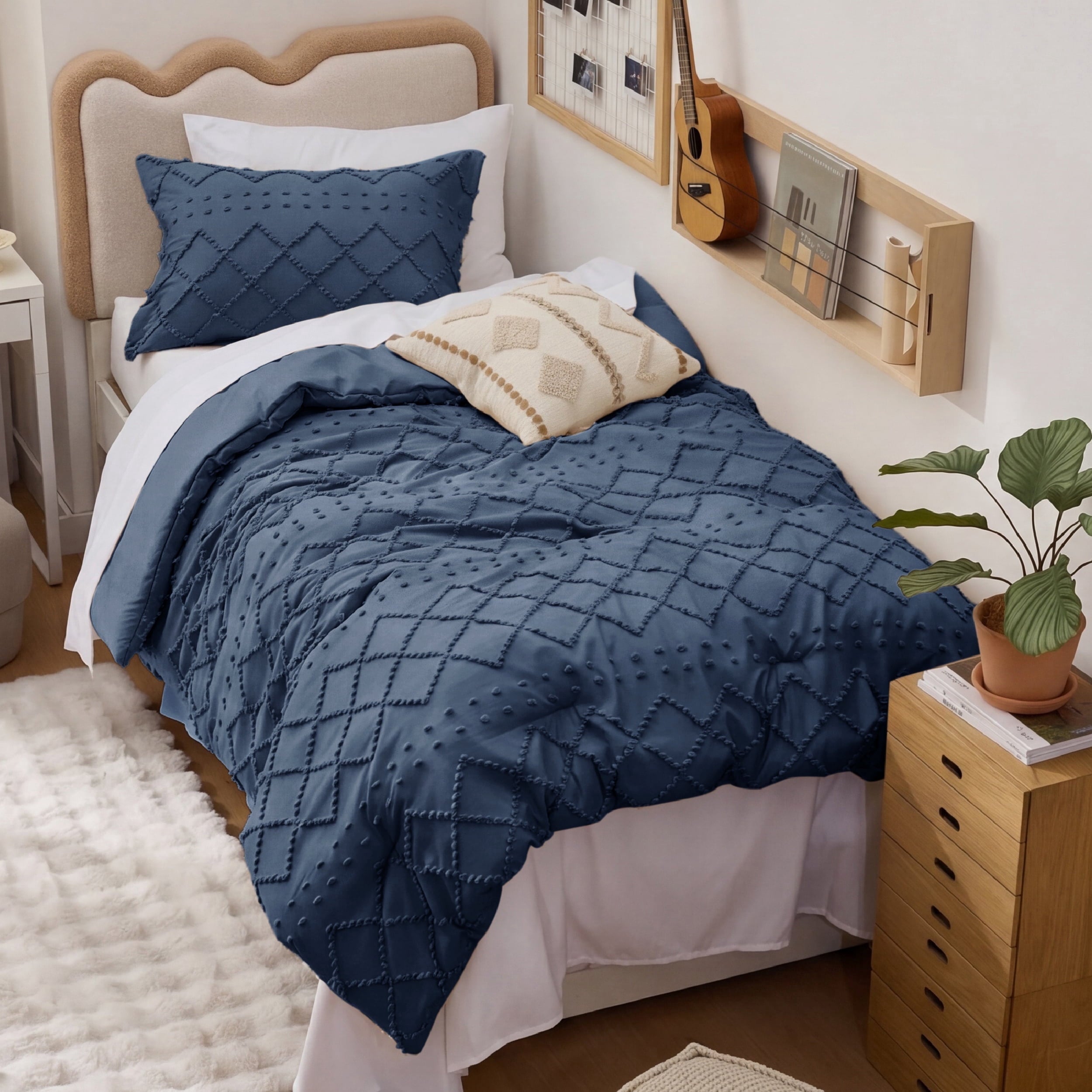 U by Bedsure Twin XL Comforter Set, 2 Pieces Navy Boho Tufted Shabby Bedding Comforter Set, Vintage Farmhouse Fluffy Soft Bed Set with 1 Pillow Sham, new