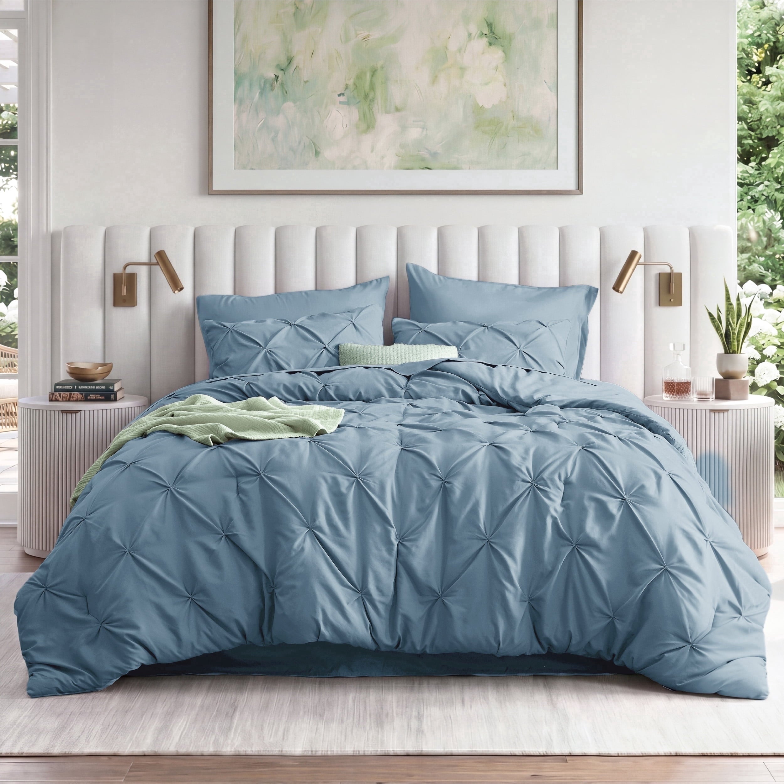 U by Bedsure California King Comforter Set Mineral Blue, Bed in a Bag California King Size Bedding, 7 Pieces Pinch Pleat All Season Comforter with Sheets, Pillowcases & Shams New