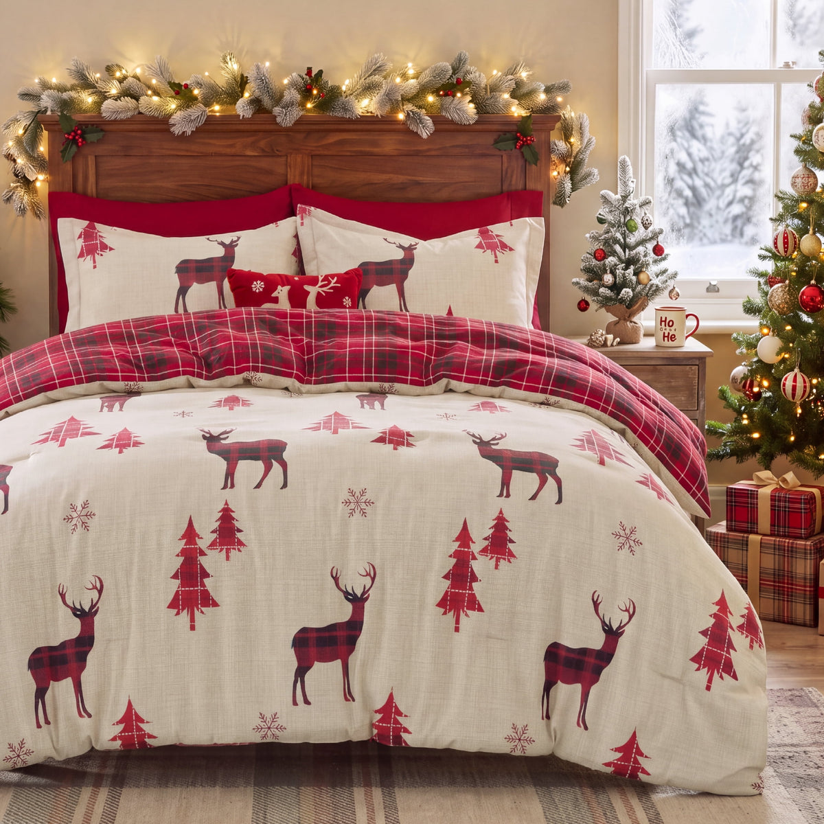 U by Bedsure Christmas Comforter Set King, Christmas Bed Set with Reindeer, Soft Bedding for Holiday, 3 Pieces, 1 Reversible Buffalo Check Printed Comforter and 2 Pillow Shams New