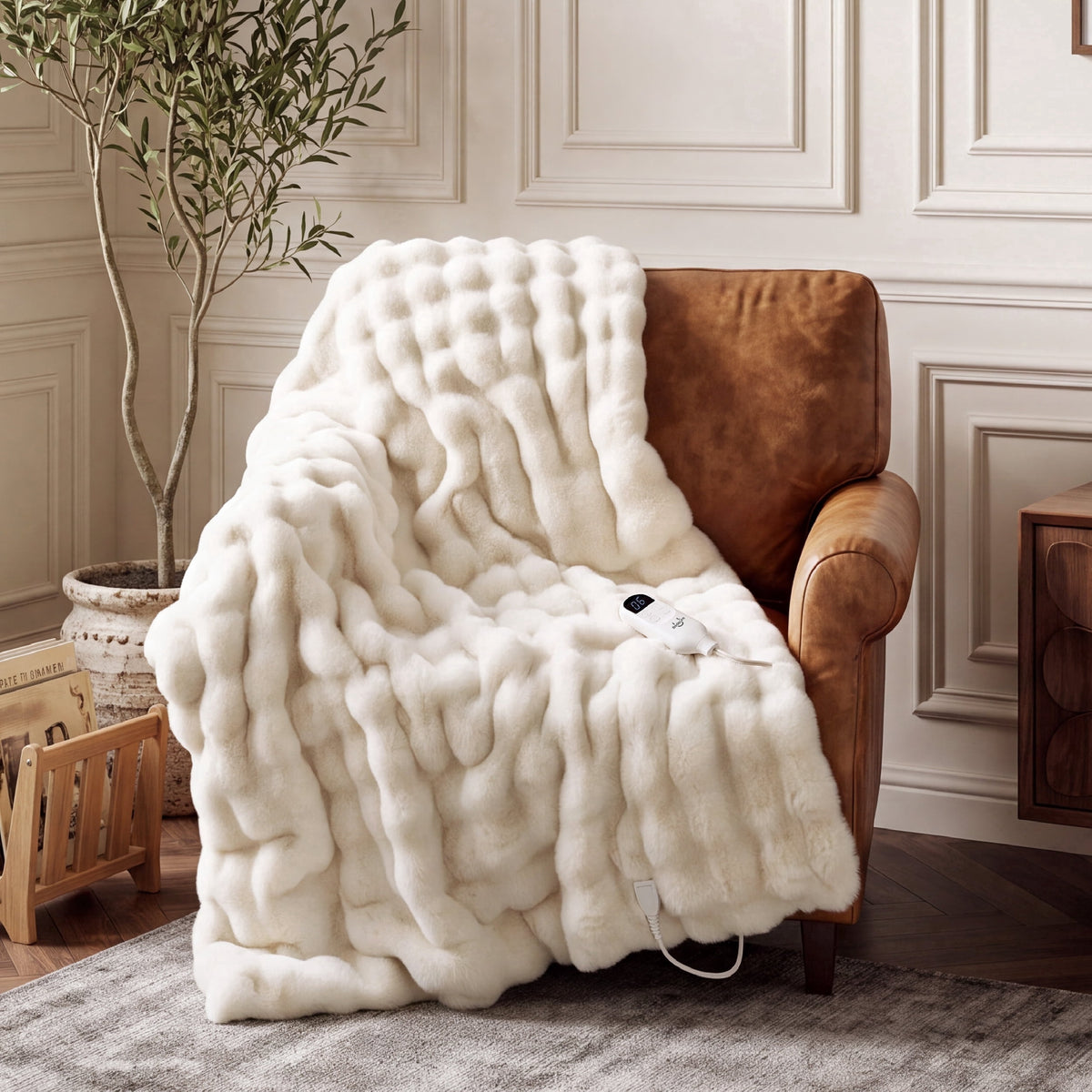 U by Bedsure Heated Electric Blanket Throw 50" x 60", Faux Rabbit Fur Bubble Fleece Soft Heated Blanket with Preheat, 6 Heat Settings & 10Hs Auto off, Machine Washable, White New