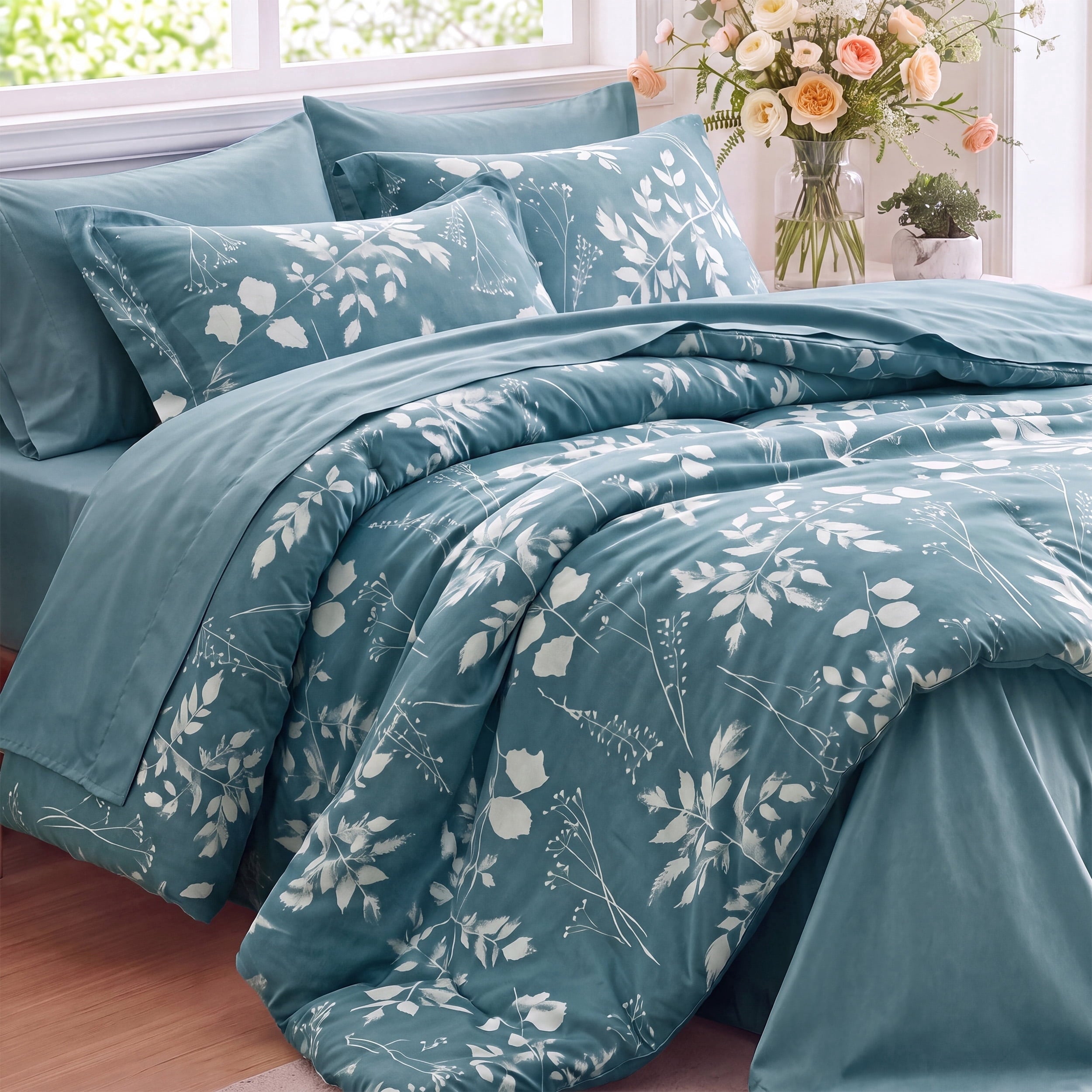 U by Bedsure Full Comforter Set Mineral Blue, Bed in a Bag Full Size Bedding, 7-Pieces Botanical Flowers Spring Comforter, Sheets, Pillowcases & Shams New
