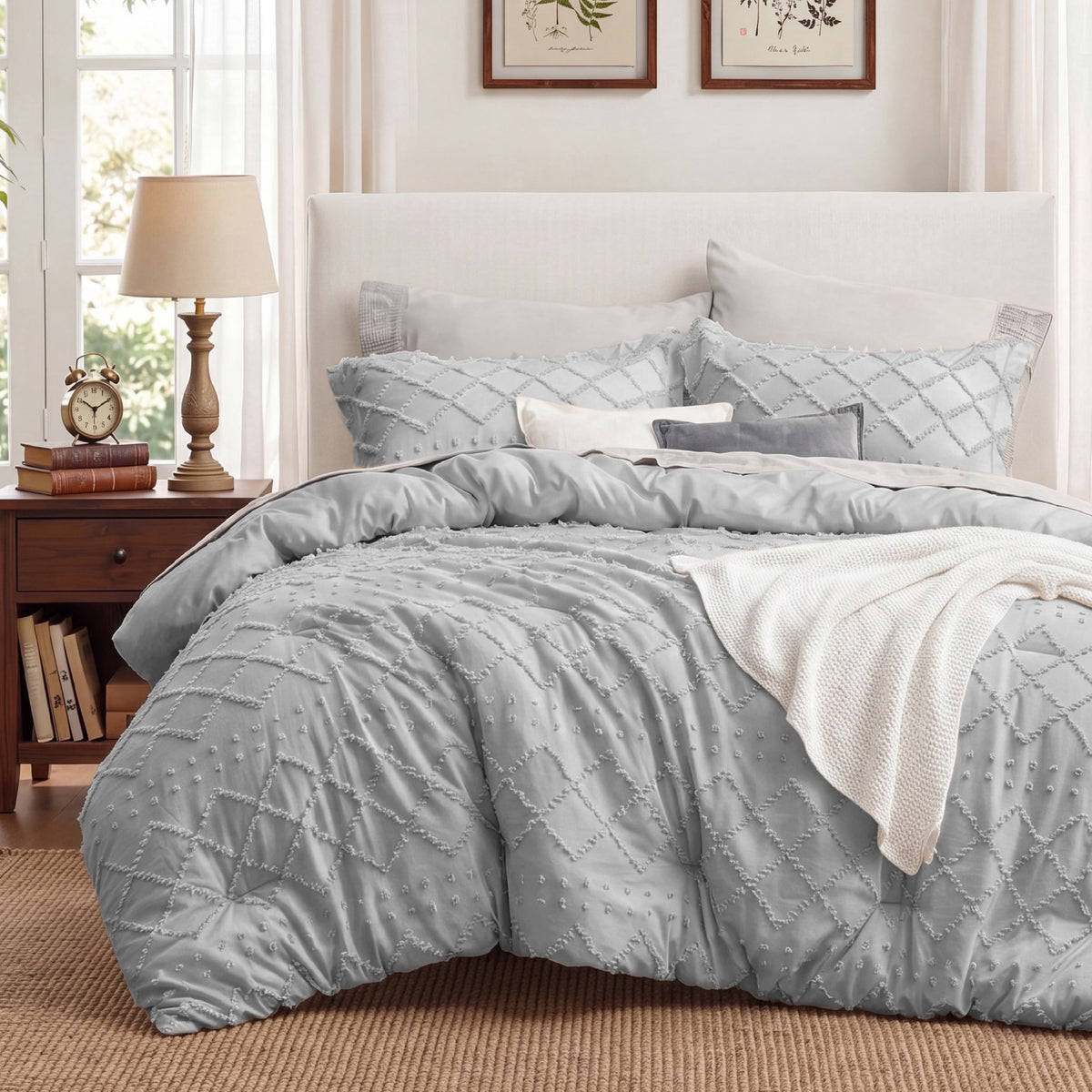 U by Bedsure Full Size Comforter Set - Light Grey Comforter, Boho Tufted Shabby Chic Bedding Comforter Set, 3 Pieces Farmhouse Bed Set for All Seasons, Fluffy Soft Bedding Set with 2 Pillow Shams New