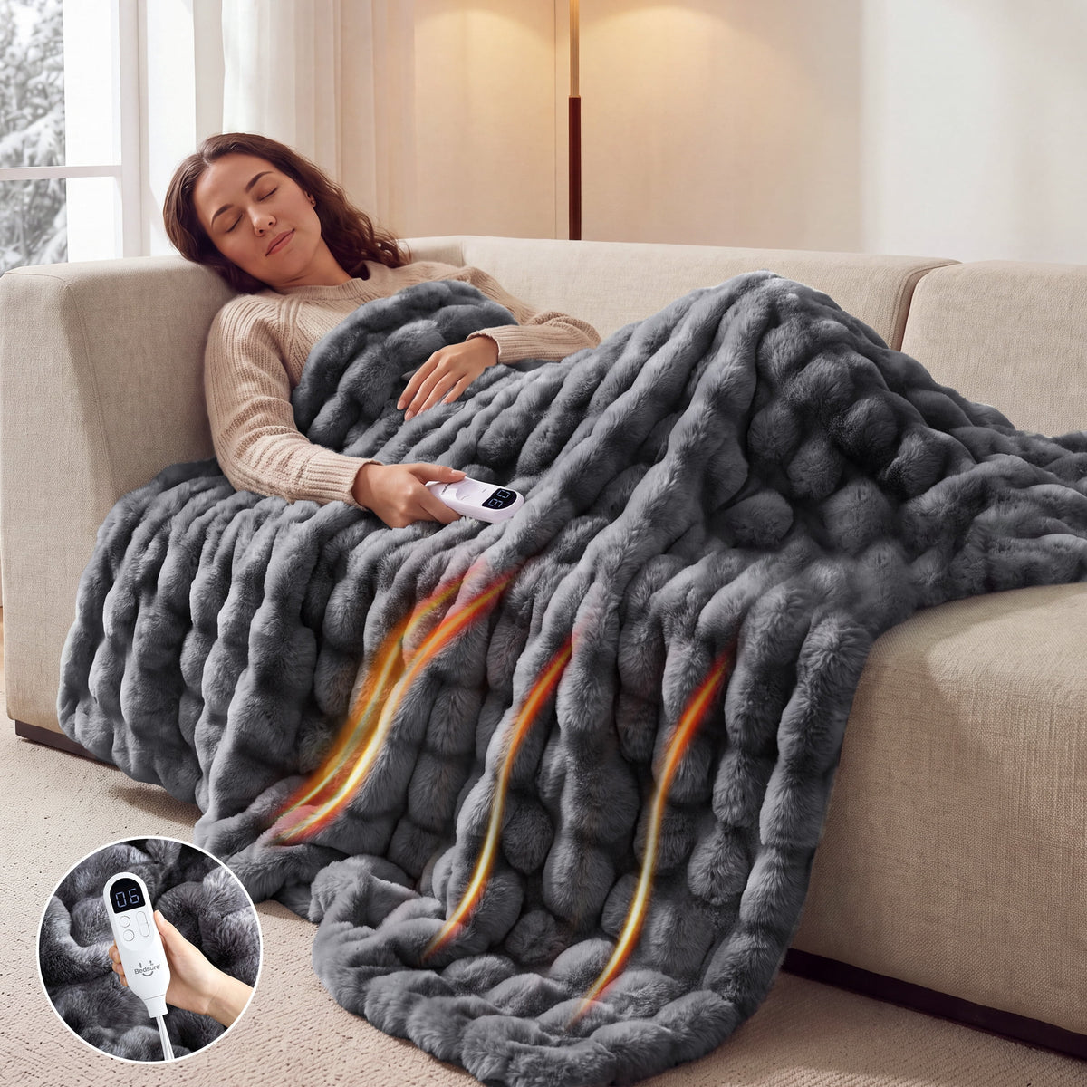 U by Bedsure Heated Electric Blanket Throw 50" x 60", Faux Rabbit Fur Bubble Fleece Soft Heated Blanket with Preheat, 6 Heat Settings & 10Hs Auto off, Machine Washable, Grey New