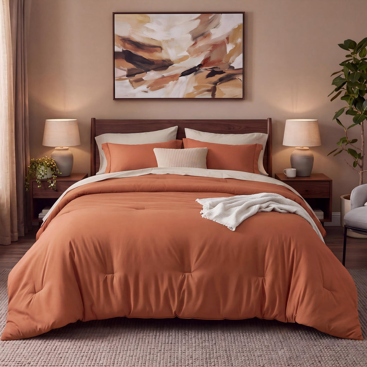 U by Bedsure Queen Comforter Set Burnt Orange, 7 Pieces Reversible Bed in a Bag, Boho Lightweight Bedding Set, Contrasting Design New