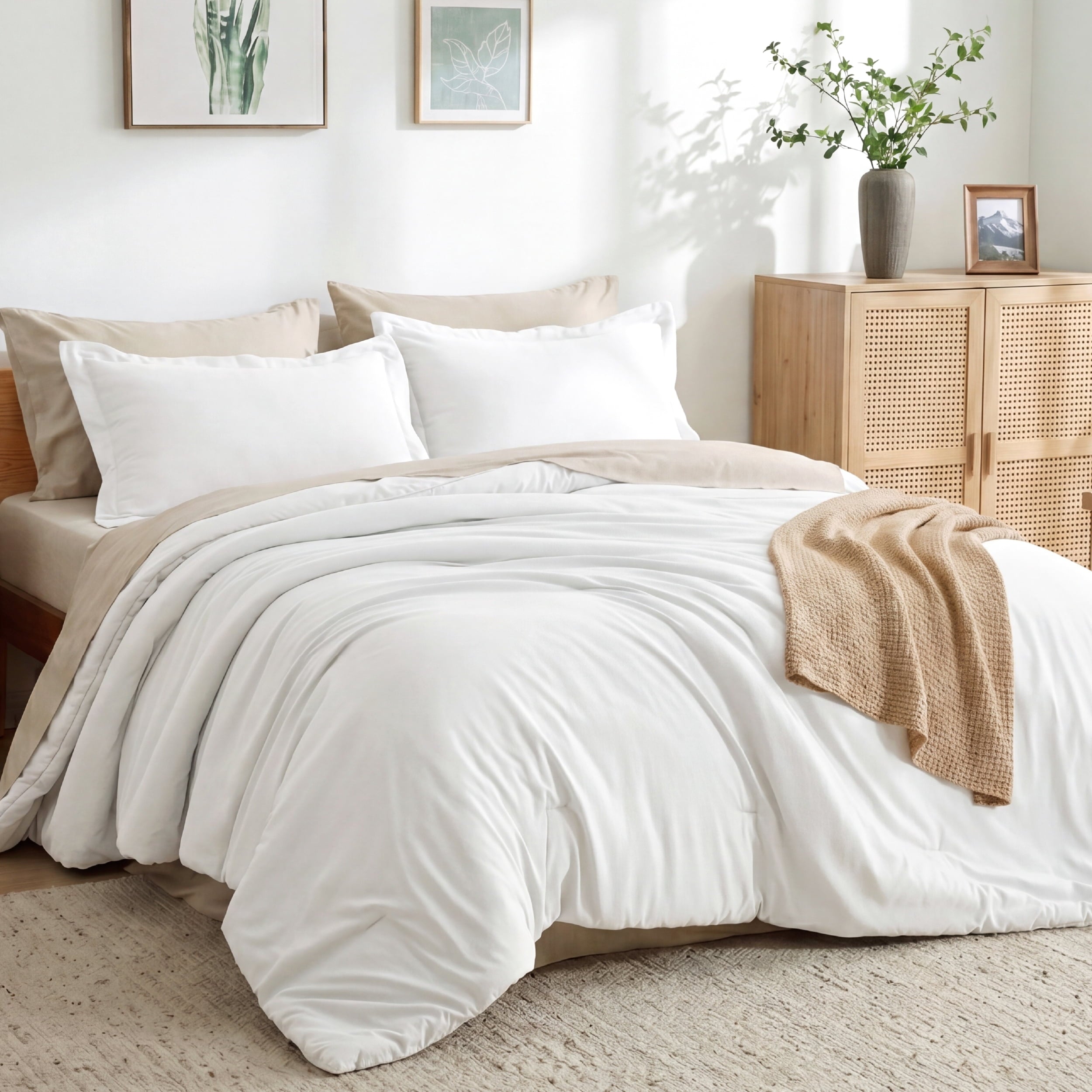 U by Bedsure Queen Comforter Set Coconut Milk, 7 Pieces Reversible Bed in a Bag, Boho Lightweight Bedding Set, Contrasting Design, new