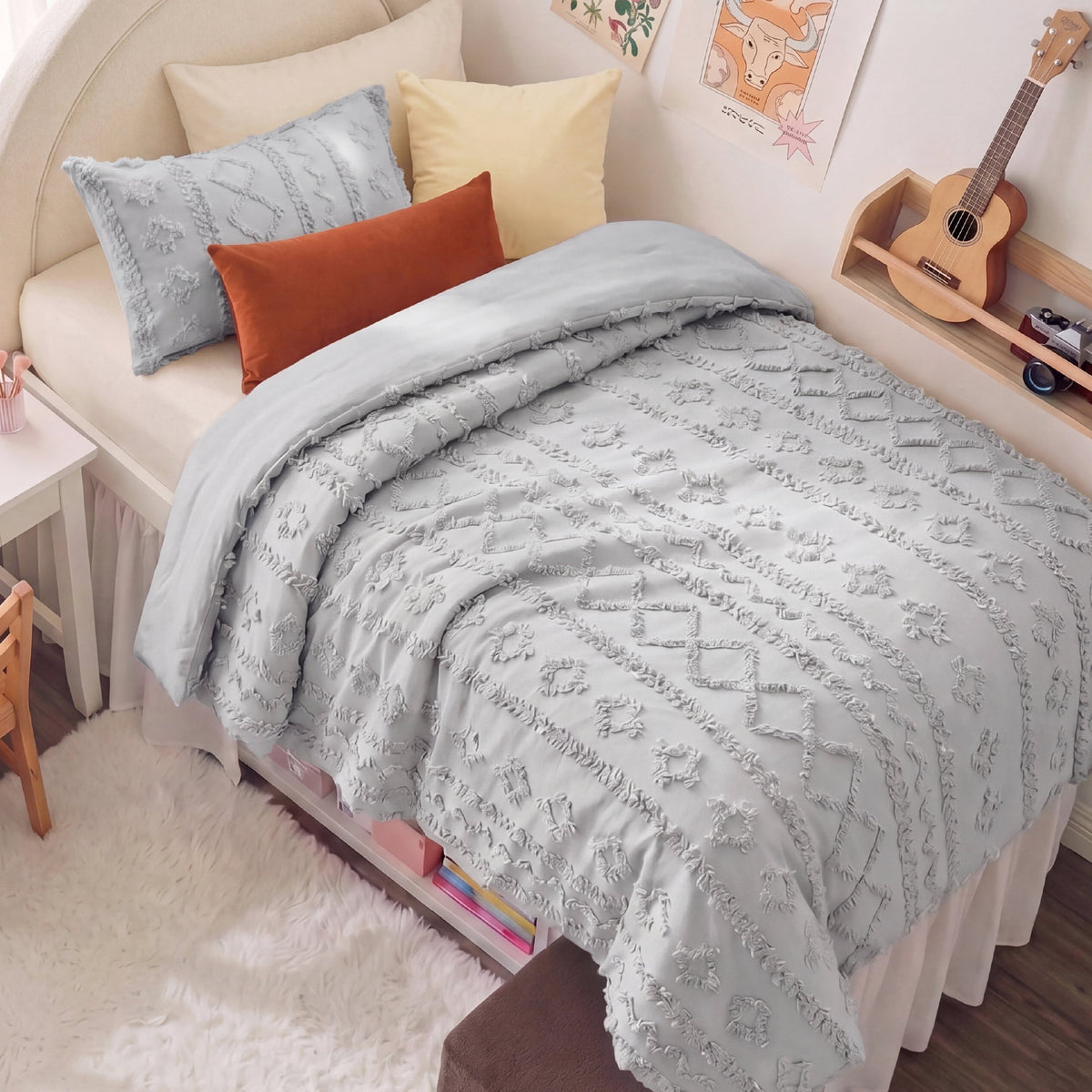 U by Bedsure Tufted Boho Comforter Set Twin, Chip Gray, 2 Pieces Farmhouse Shabby Chic Embroidery Bedding Set, Soft Jacquard Comforter for All Seasons New