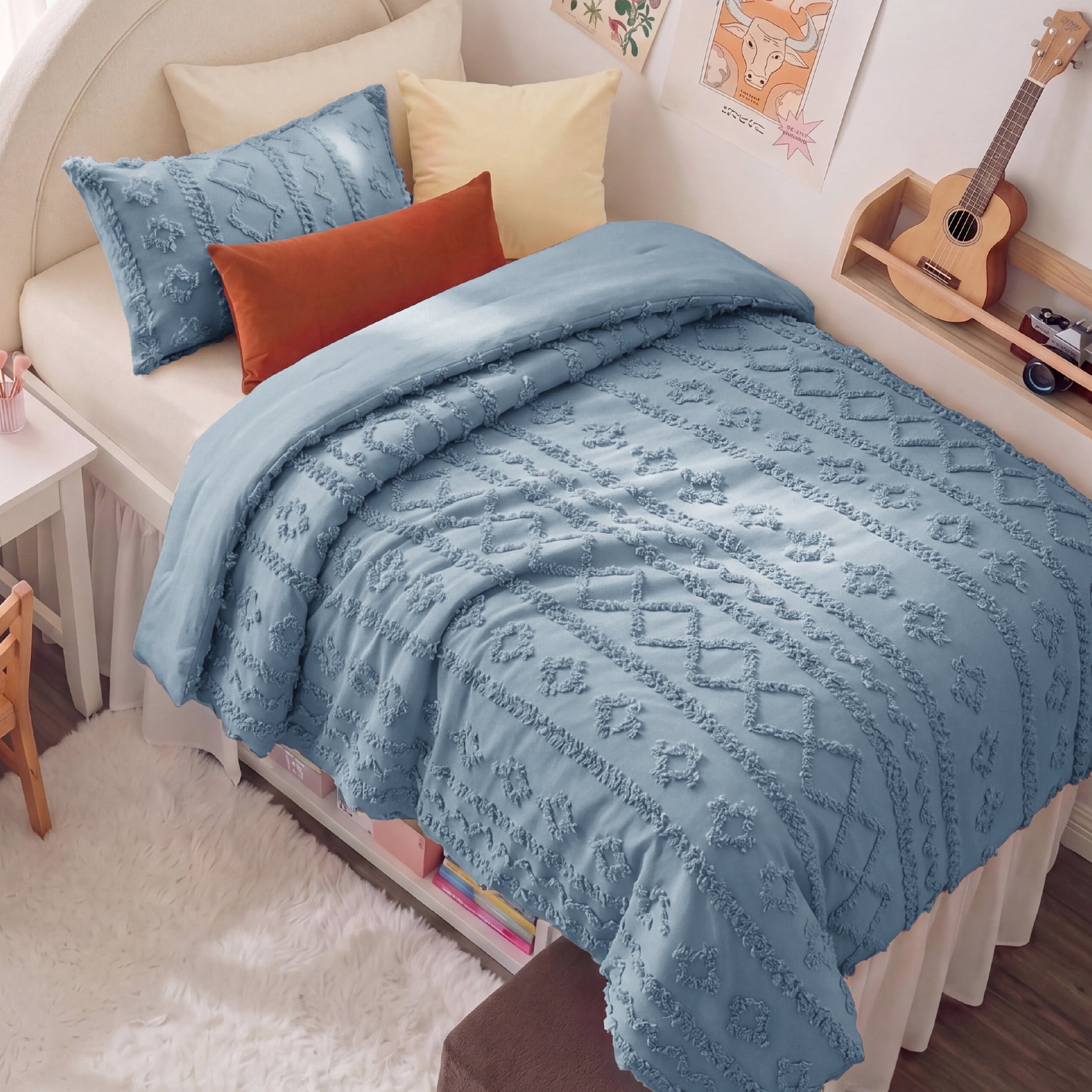 U by Bedsure Tufted Boho Comforter Set Twin, Citadel Blue, 2 Pieces Farmhouse Shabby Chic Embroidery Bedding Set, Soft Jacquard Comforter for All Seasons new