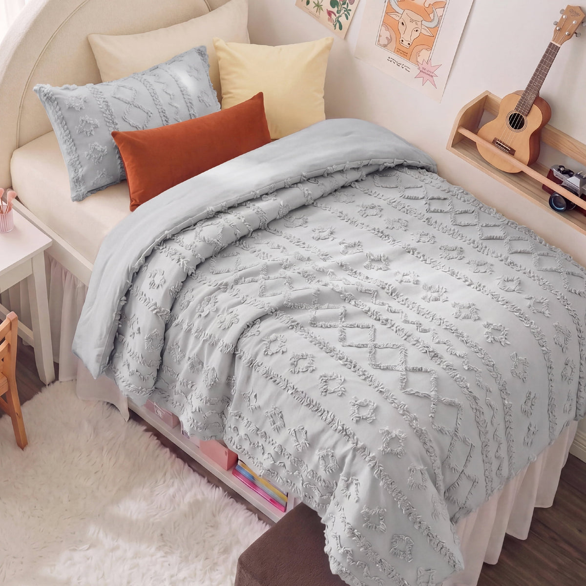 U by Bedsure Tufted Boho Twin XL Comforter Set, 2 Pieces Farmhouse Shabby Chic Embroidery Gray Bedding Set, Soft Jacquard Comforter for All Seasons, Twin, Oyster Mushroom New