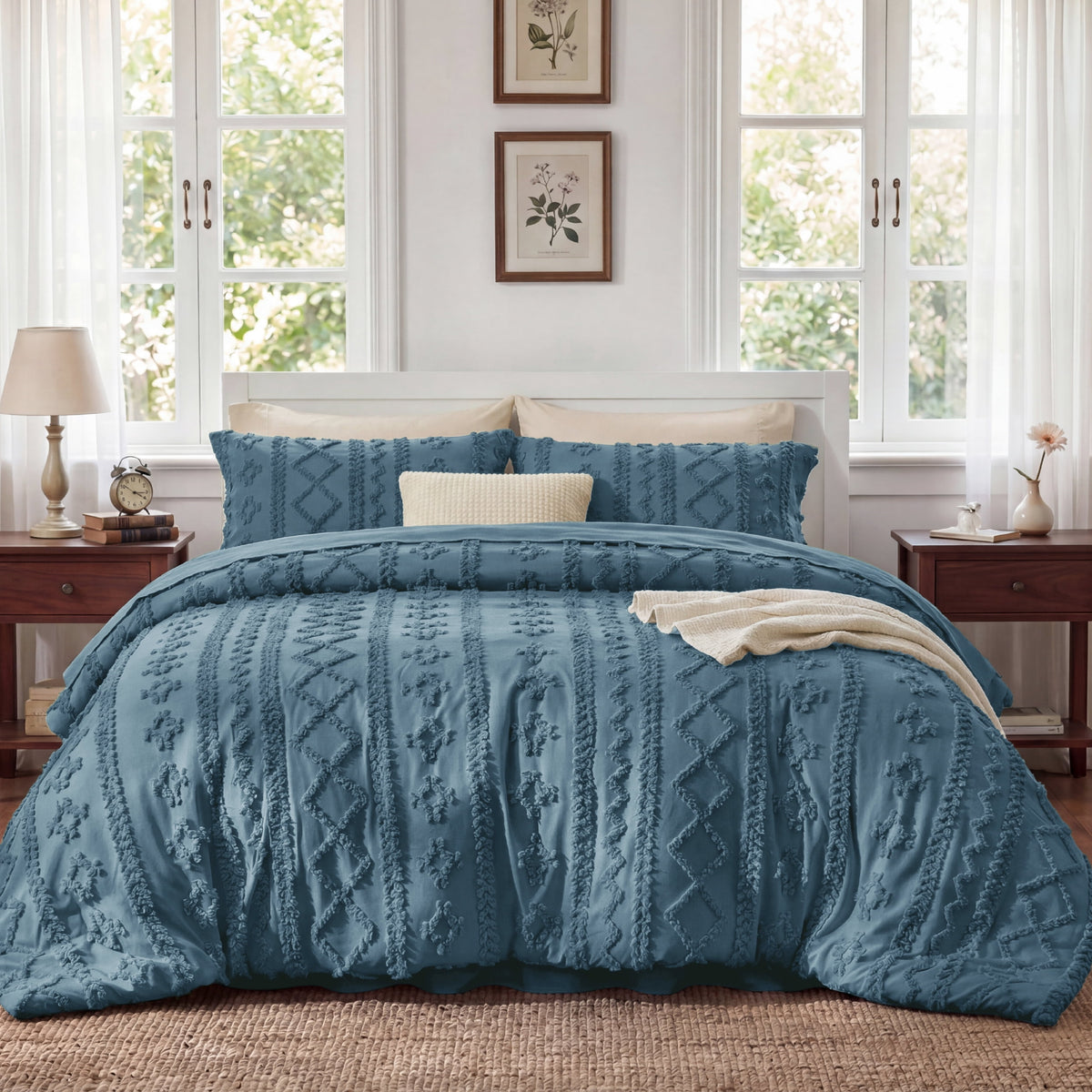U by Bedsure Tufted Boho Comforter Set Full, Citadel Blue, 3 Pieces Farmhouse Shabby Chic Embroidery Bedding Set, Soft Jacquard Comforter for All Seasons New