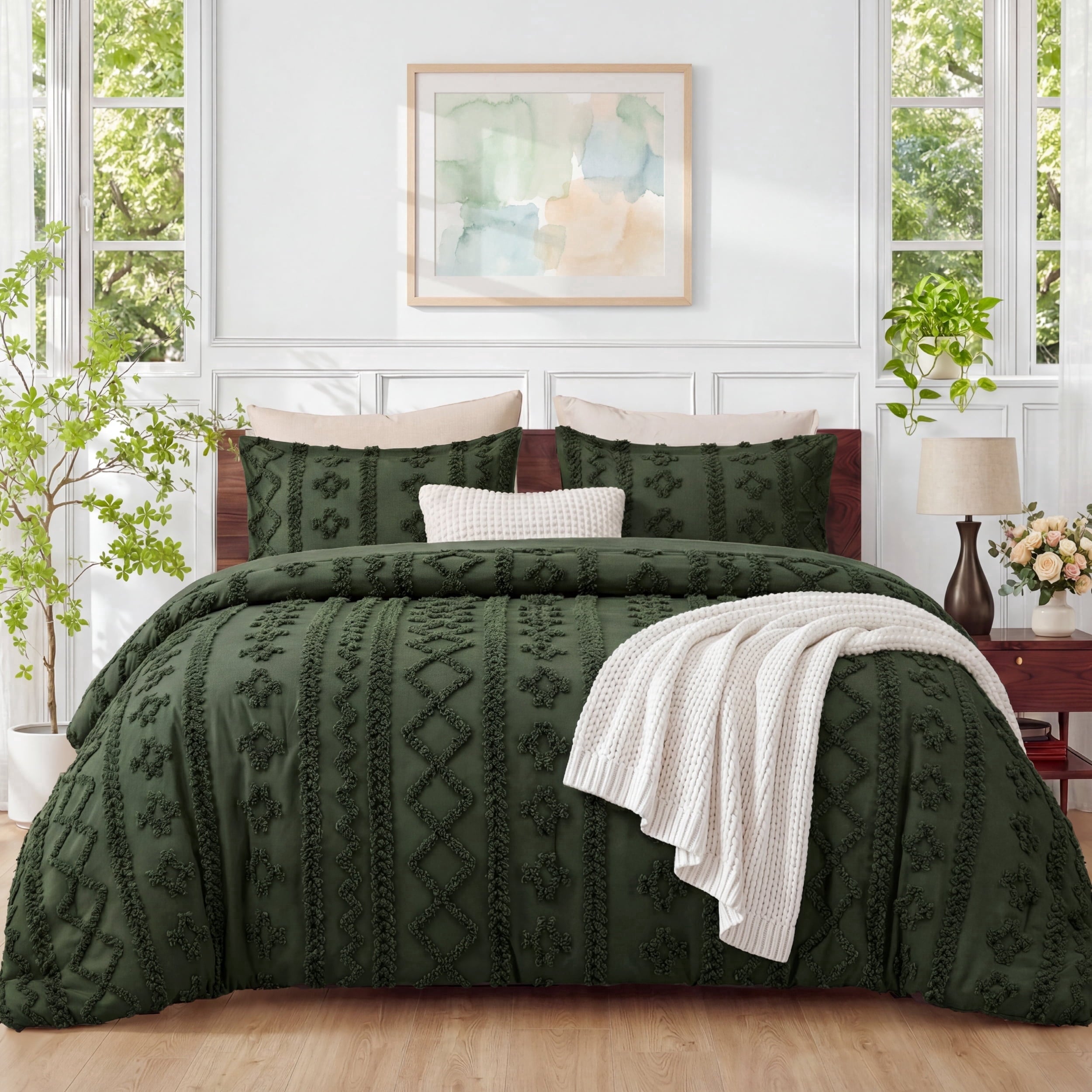 U by Bedsure King Tufted Boho Comforter Set, 3 Pieces Farmhouse Shabby Chic Embroidery Bedding Set, Soft Jacquard Bronze Green Comforter for All Seasons New