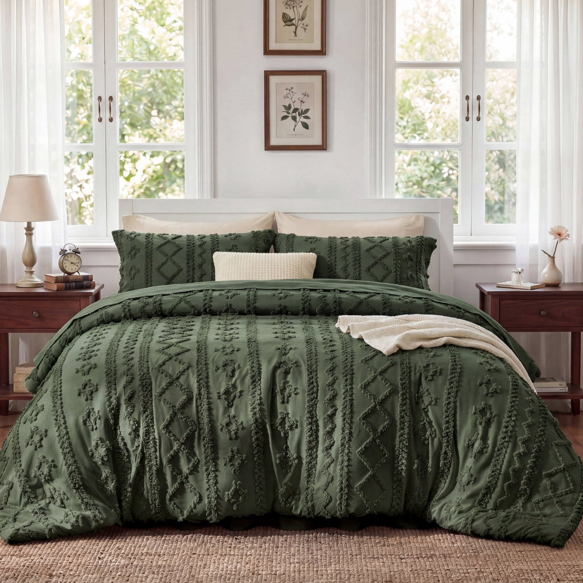 U by Bedsure Queen Tufted Boho Comforter Set, 3 Pieces Farmhouse Shabby Chic Embroidery Bedding Set, Soft Jacquard Bronze Green Comforter for All Seasons New