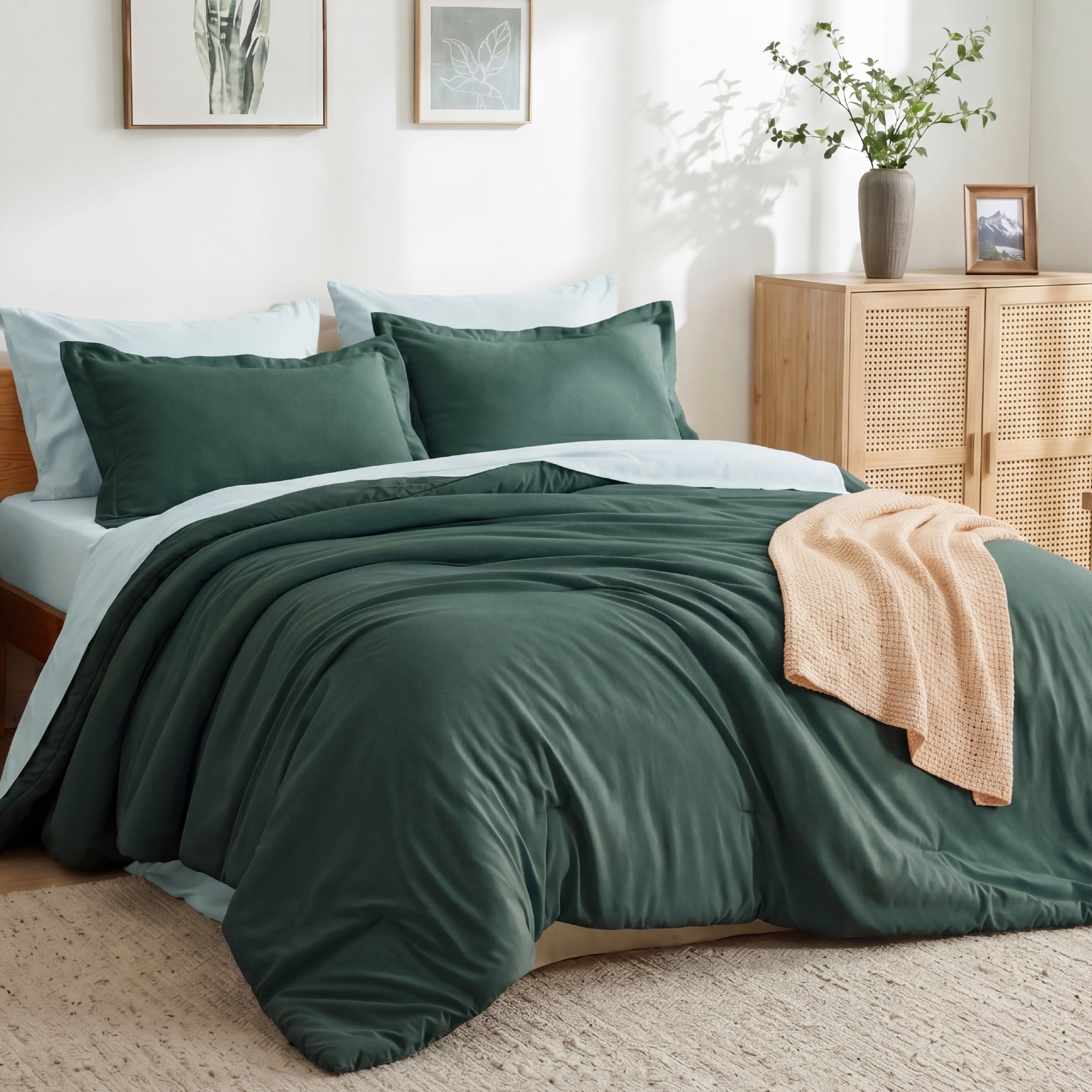 U by Bedsure Twin Comforter Set Forest Green, 5 Pieces Reversible Bed in a Bag, Boho Lightweight Dorm Bedding Set, Contrasting Design New