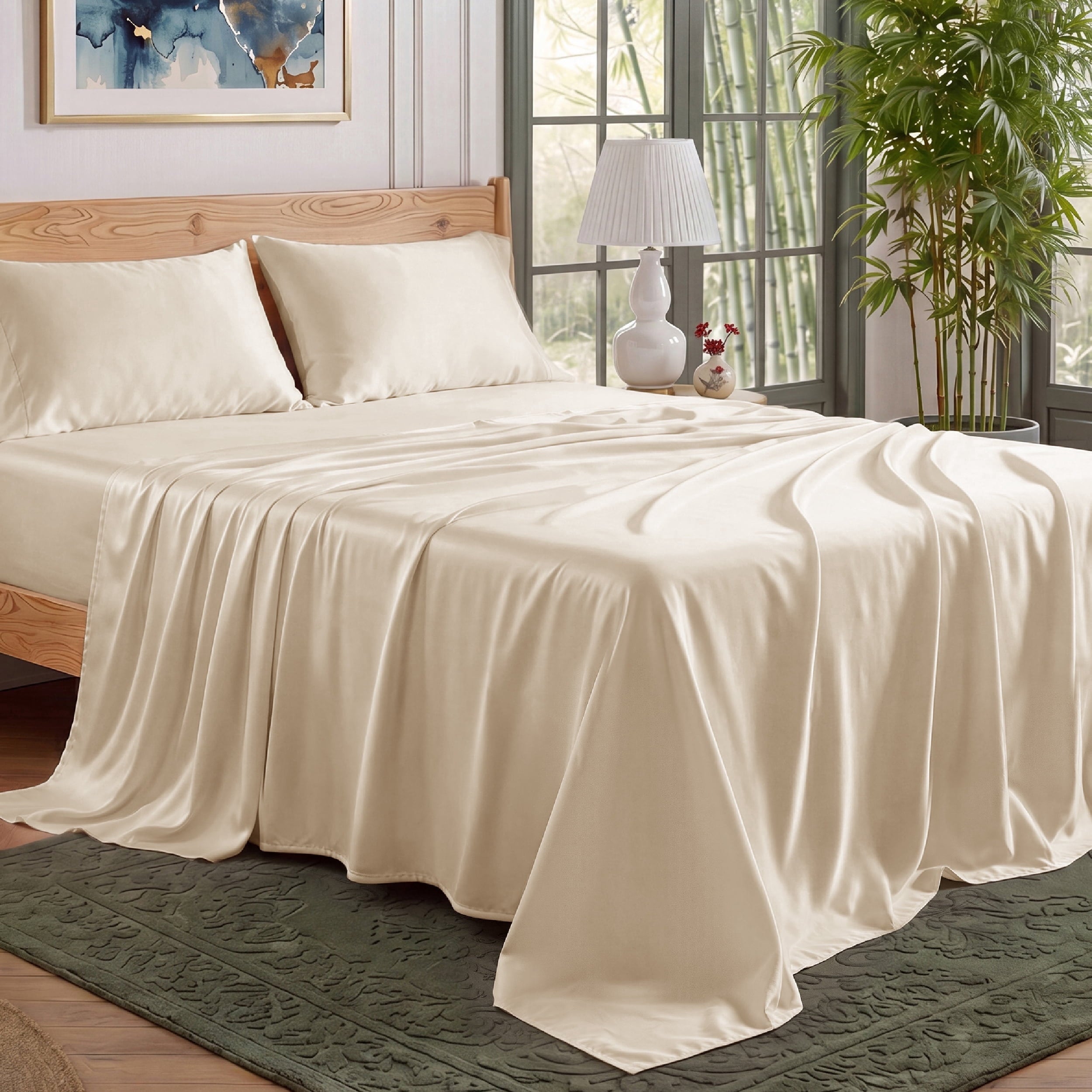 U by Bedsure 100% Rayon Derived from Bamboo King Sheet Sets, Luxury 4 Pieces Deep Pockets Cooling Bed Sheets, Beige New
