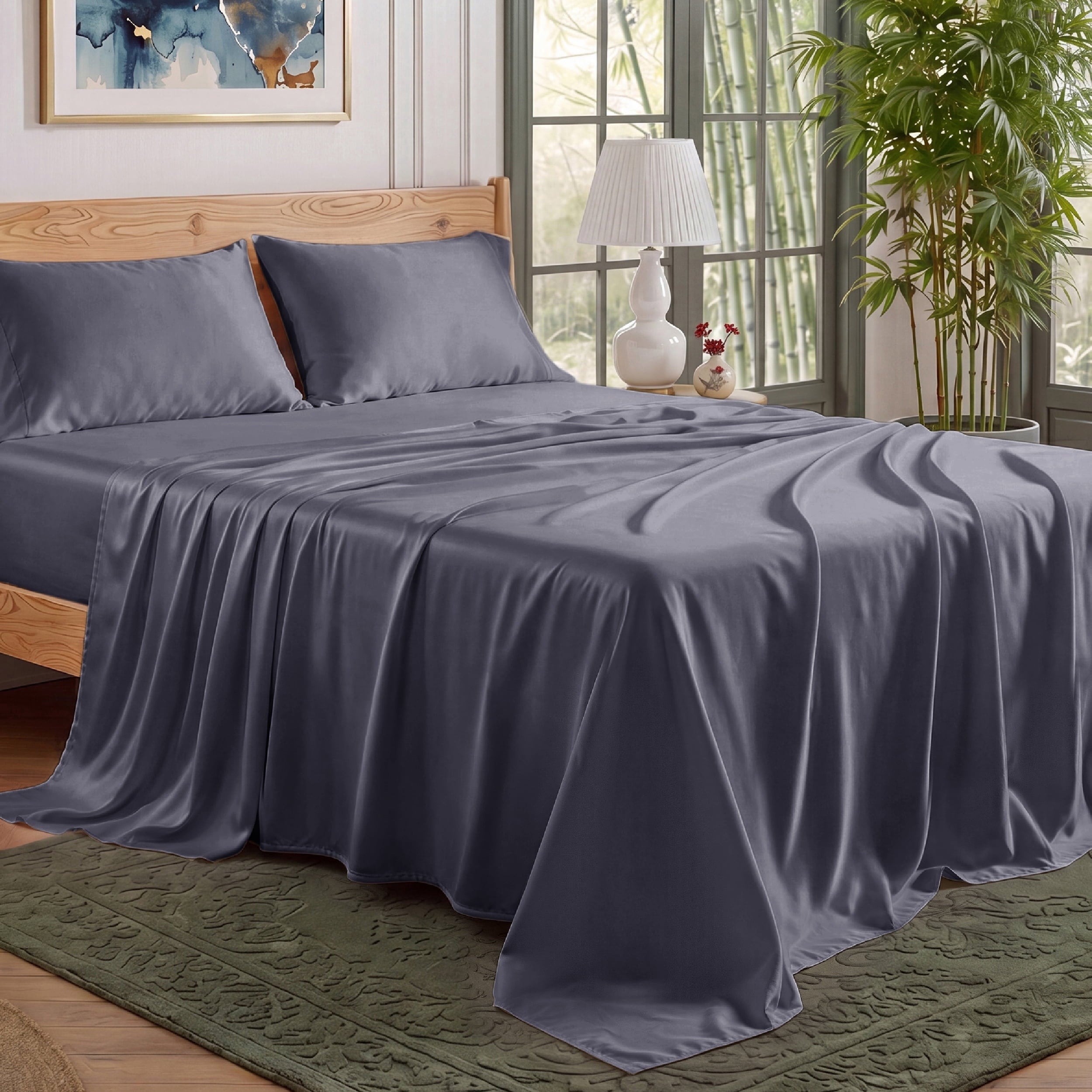 U by Bedsure 100% Rayon Derived from Bamboo Queen Sheet Sets, Luxury 4 Pieces Deep Pockets Cooling Bed Sheets, Dark Gray New