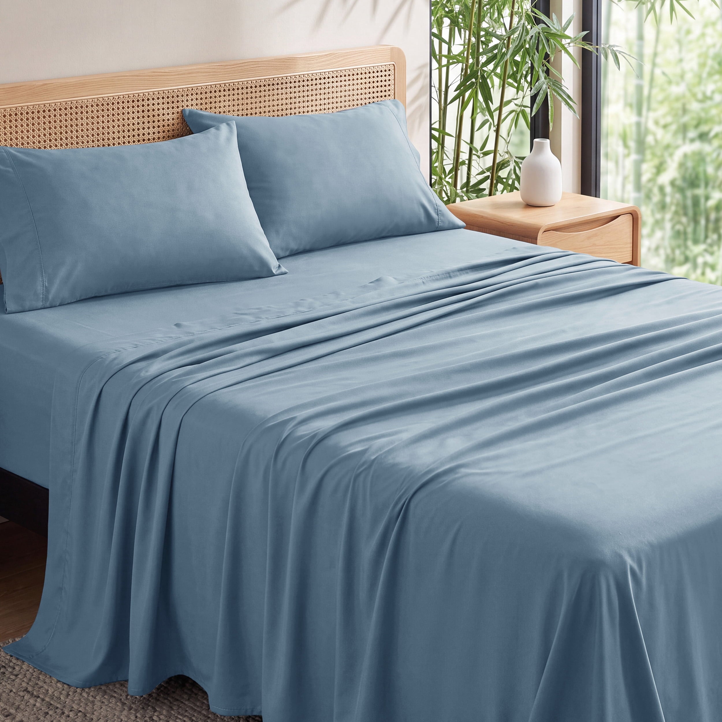 U by Bedsure 100% Rayon Derived from Bamboo Queen Sheet Set, 4 Piece Cooling 16" Deep Pocket Soft Bed Sheets, Dusty Blue New