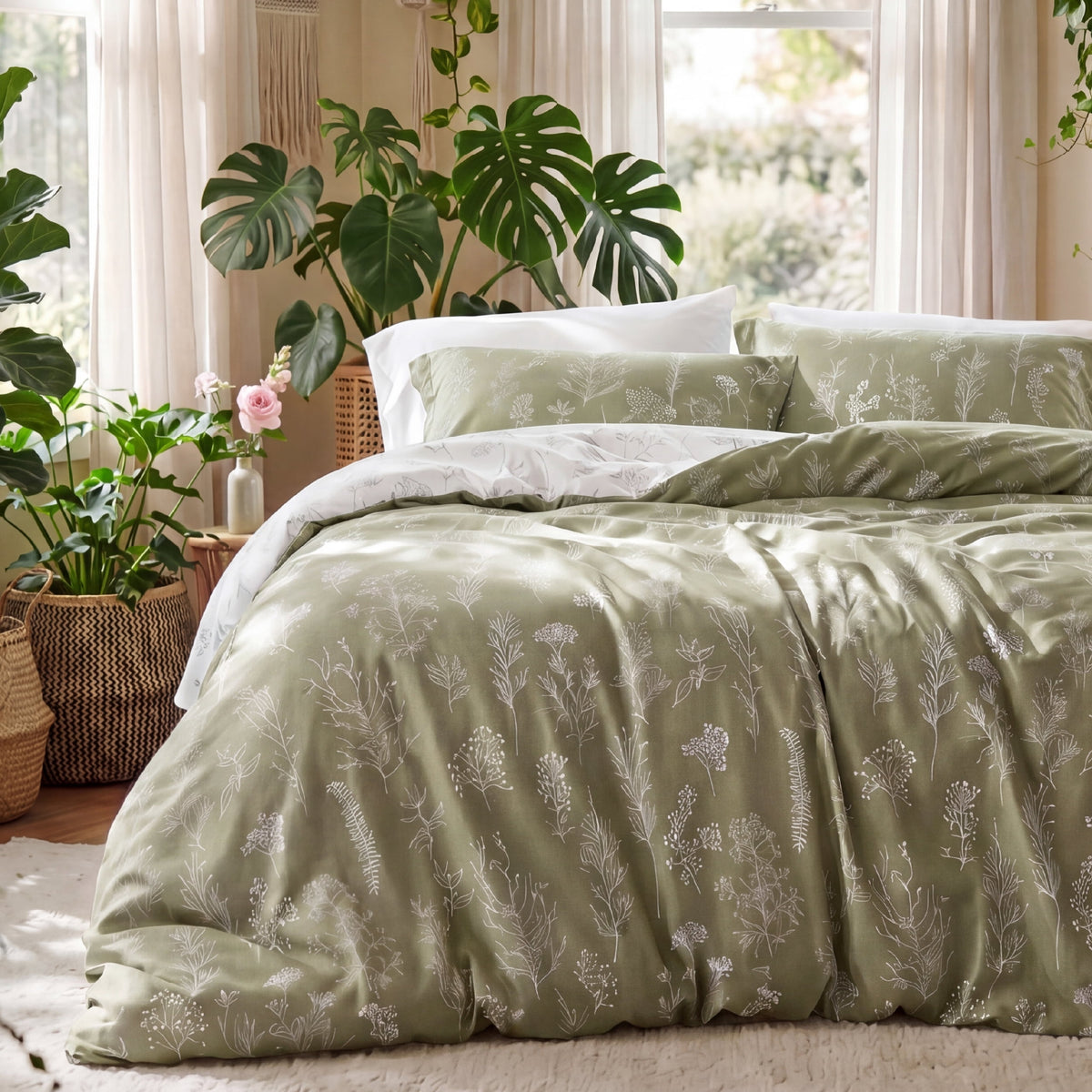 U by Bedsure Comforter Sets Twin, Dorm Essentials Bedding Set, Olive Green College Bedding Set Twin Size, 2 Pieces Cute Soft Floral Bedding New