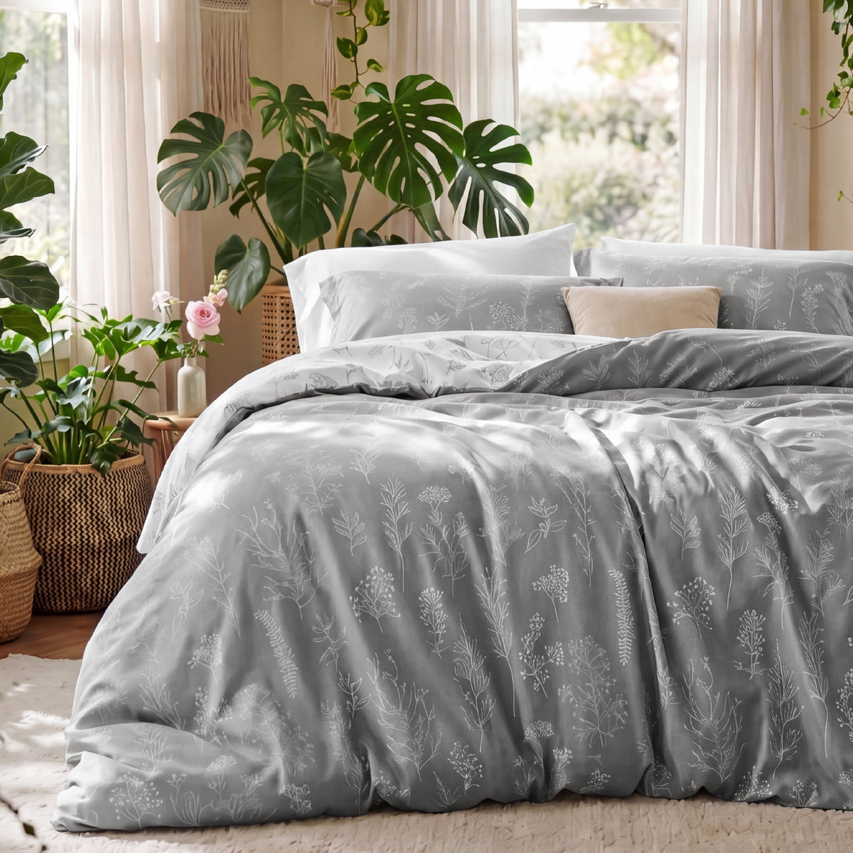 U by Bedsure 3 Pieces Grey King Size Comforter Sets, Cute Flowers Botanical Lightweight Soft Bedding Set with 2 Pillow Shams New