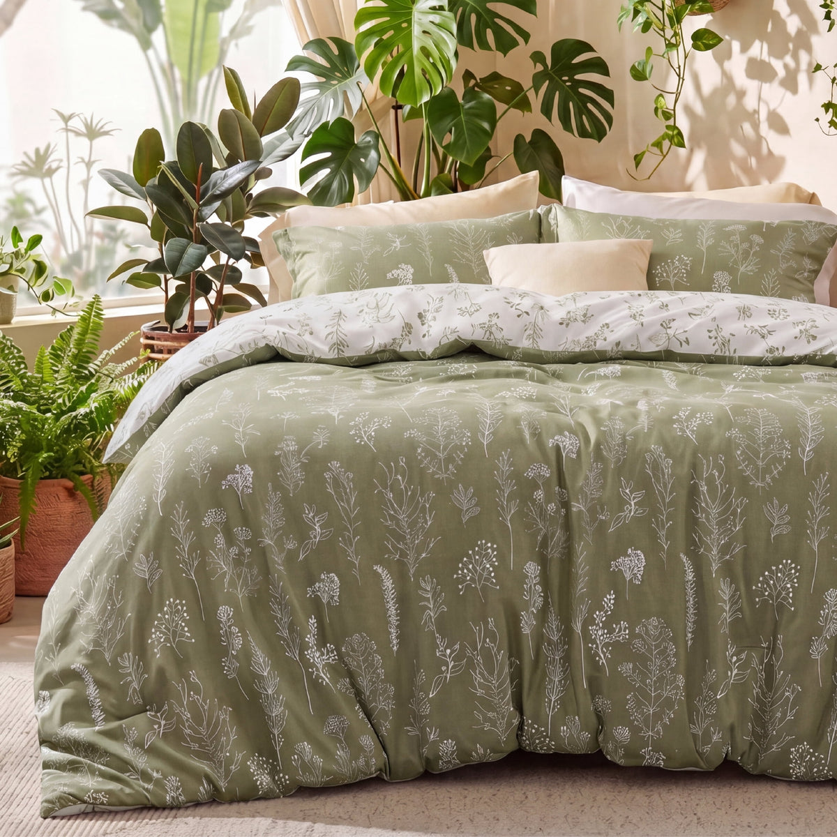U by Bedsure 3 Pieces Olive Green Floral Comforter Sets, 1 Soft Reversible Botanical Flowers Comforter and 2 Pillow Shams, King Size New