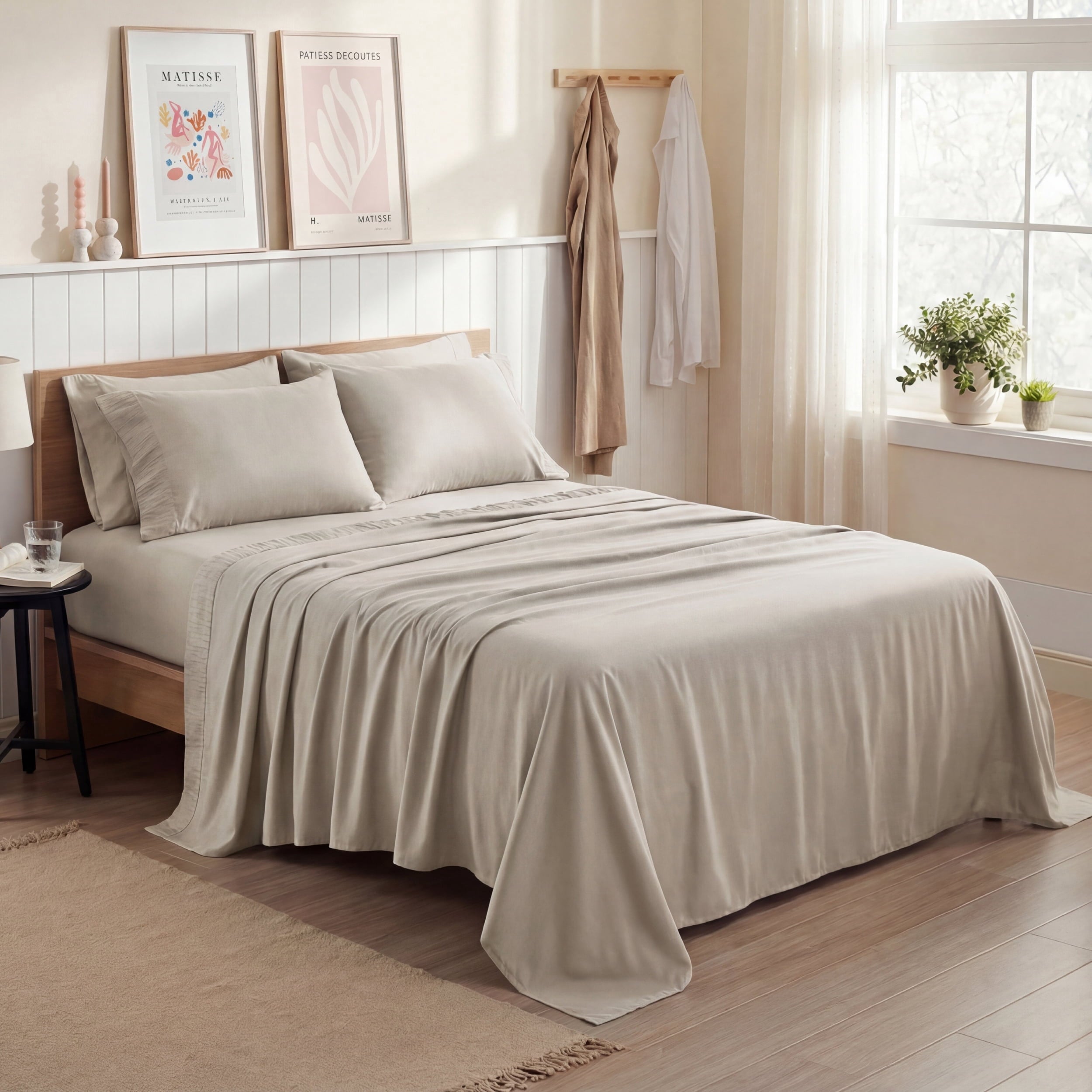 4-Pieces Soft Full Beige Sheets, Easy Care Polyester Microfiber Bedding