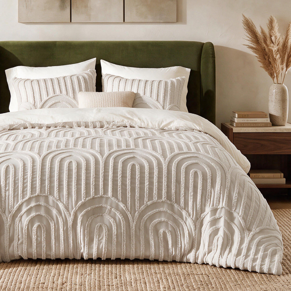 U by Bedsure Boho Tufted Beige Comforter Set King Size, 3 Pieces Farmhouse Arch Pattern Bedding, 1 Comforter, 2 Pillow Shams, 104x90 Inches New