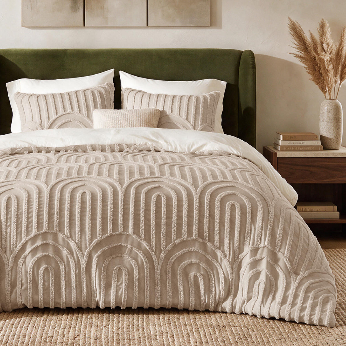 U by Bedsure Boho Tufted Khaki Comforter Set Queen Size, 3 Pieces Farmhouse Arch Pattern Bedding, 1 Comforter, 2 Pillow Shams, 90x90 Inches New