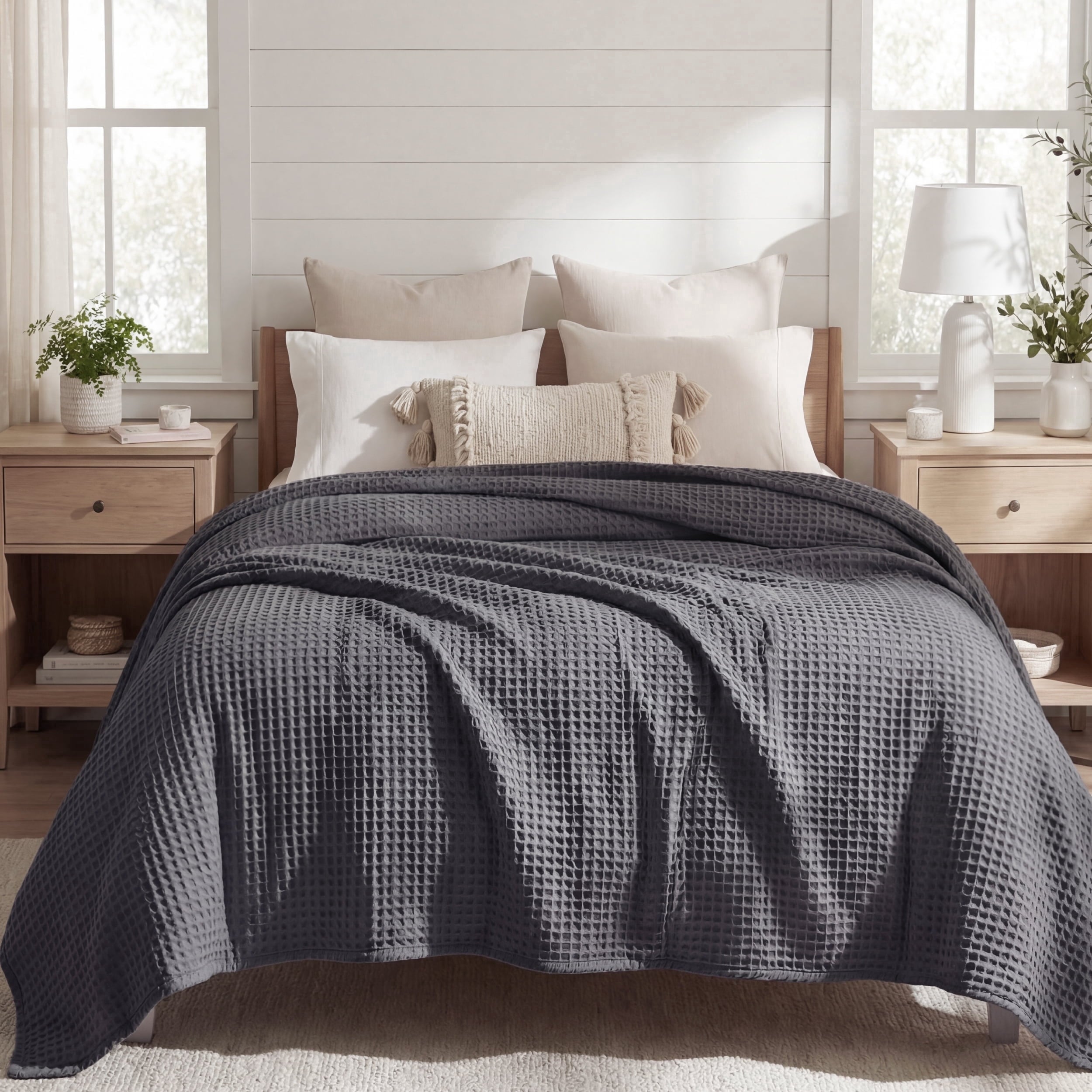 U by Bedsure Cooling Cotton Waffle Queen Size Blanket - Lightweight Breathable Summer Blanket of Rayon Derived from Bamboo for Hot Sleepers, Dark Grey, 90x90 inches, new