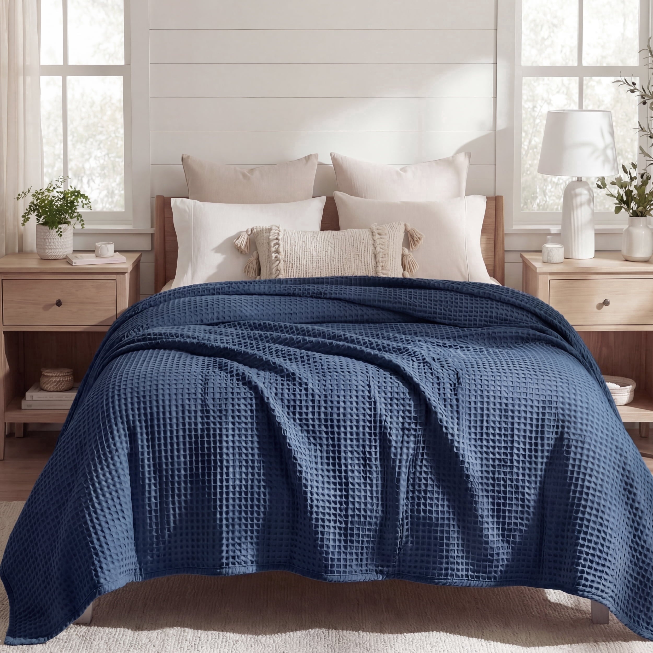 U by Bedsure Cooling Cotton Waffle Queen Size Blanket -Lightweight Breathable Blanket of Rayon Derived from Bamboo for Hot Sleepers, Navy, 90x90 inches New