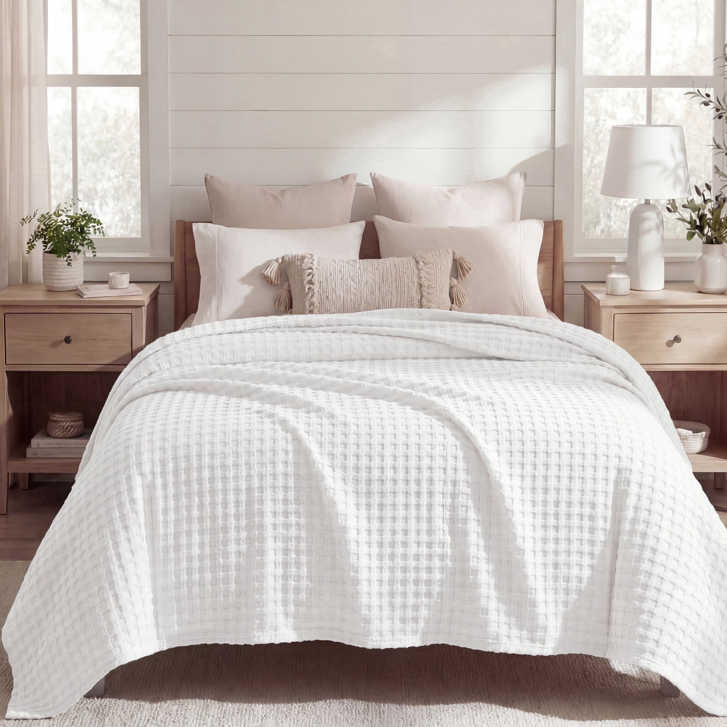 U by Bedsure Cooling Waffle Queen Size Blanket - Lightweight Cotton Summer Blanket of Rayon Derived from Bamboo for Hot Sleepers, Luxury Throws for Bed, White, 90x90 Inches New