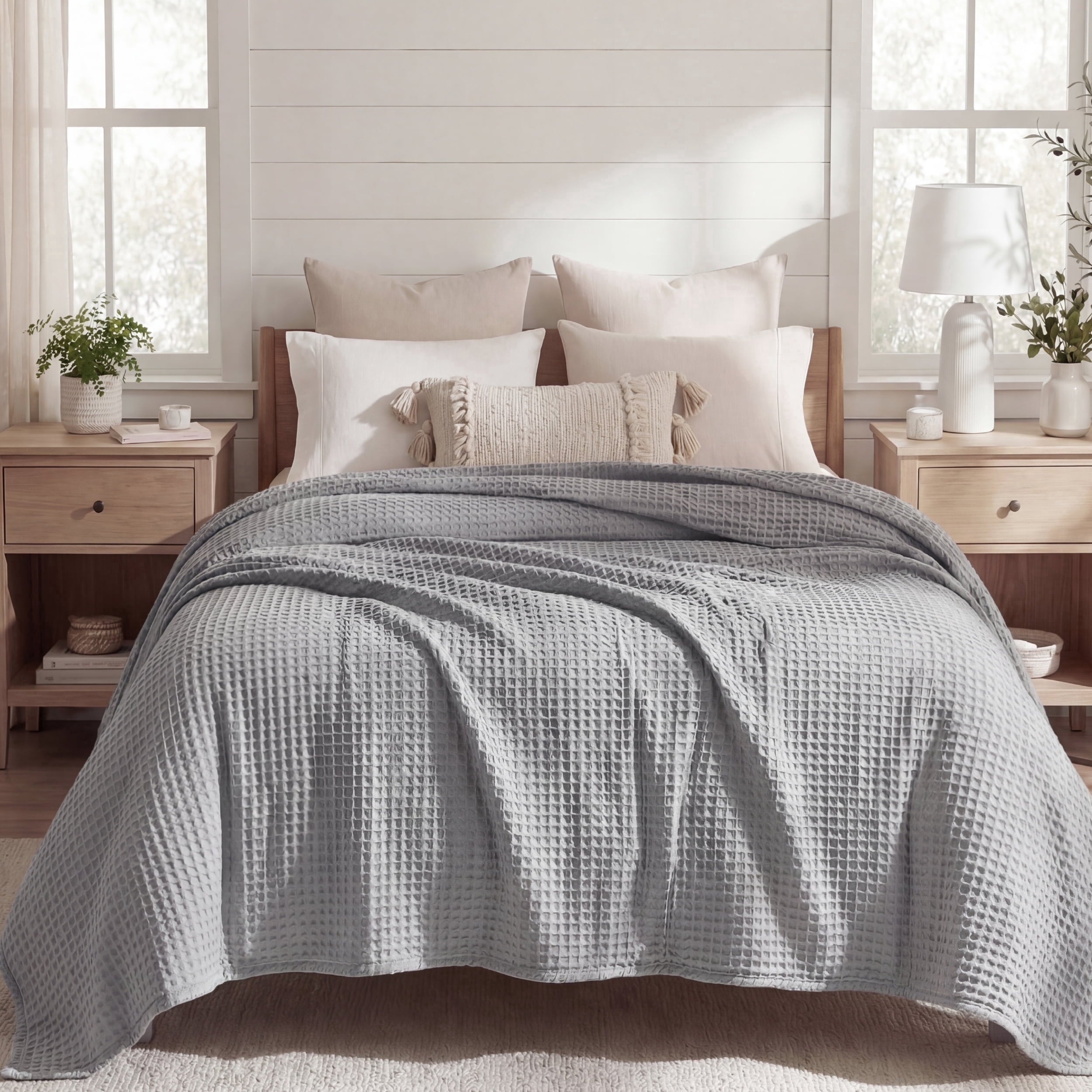 U by Bedsure Cooling Cotton Waffle Queen Size Blanket -Lightweight Breathable Blanket of Rayon Derived from Bamboo for Hot Sleepers, Grey, 90x90 inches New