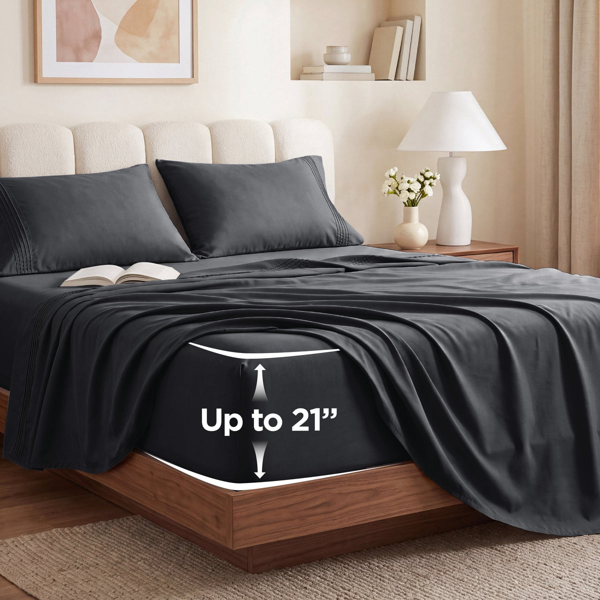 U by Bedsure Extra Deep Pocket Queen Sheets Set, Fits 18"-21" Mattresses, 4 Piece Soft Moisture Wicking Microfiber Bed Sheets, Black New