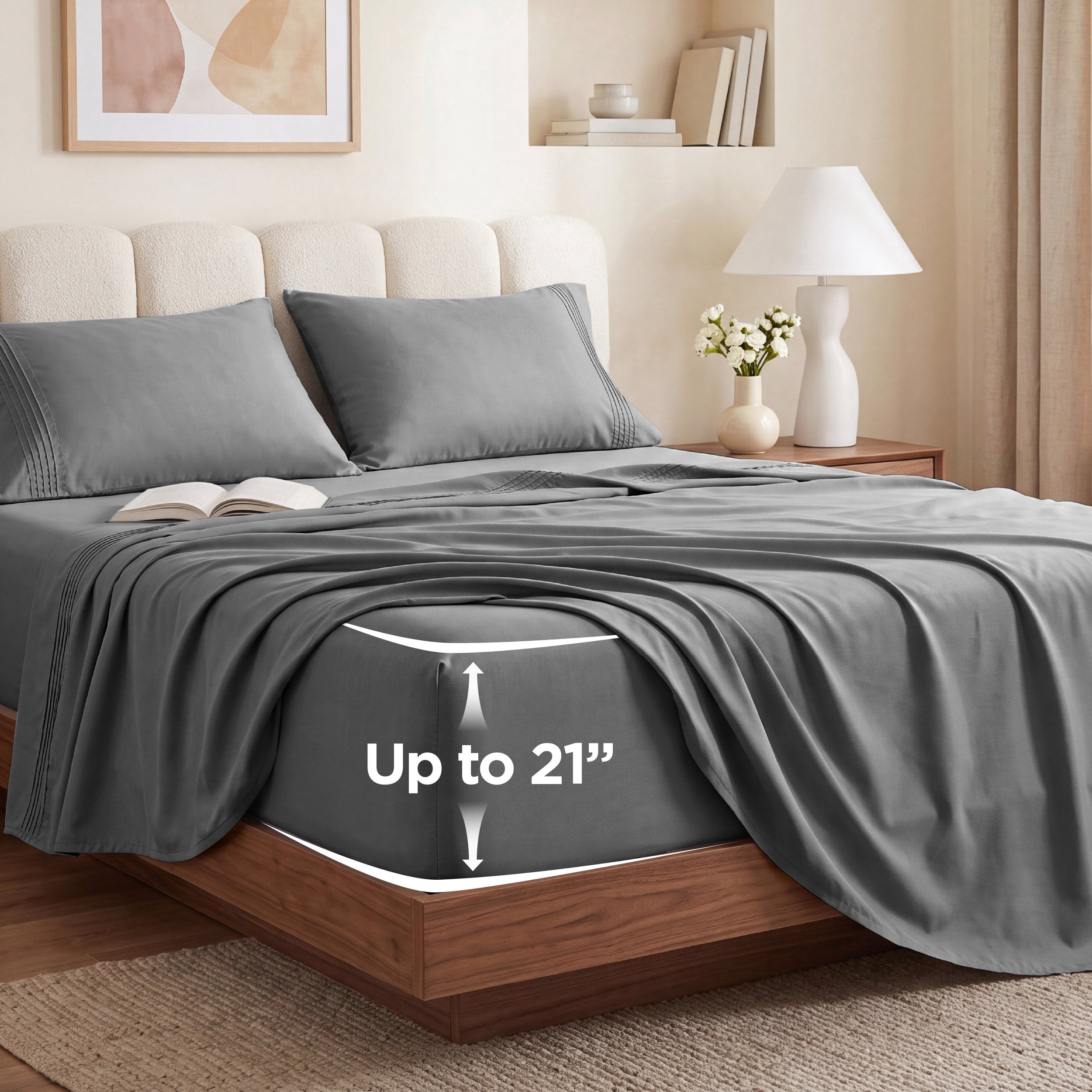 U by Bedsure Extra Deep Pocket Queen Sheets Set, Fits 18"-21" Mattresses, 4 Piece Soft Moisture Wicking Microfiber Bed Sheets, Dark Gray New
