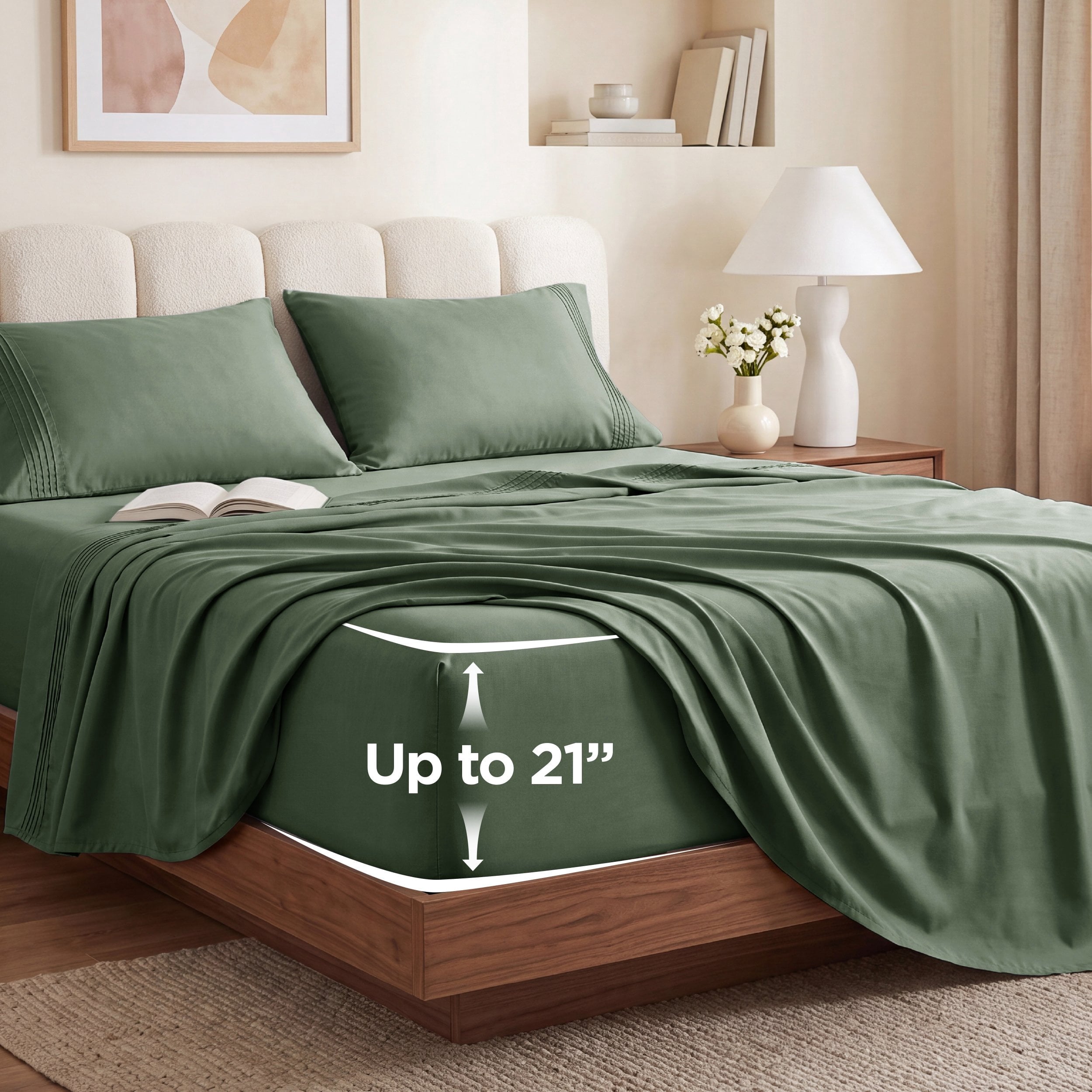 U by Bedsure Extra Deep Pocket Queen Sheets Set, Fits 18"-21" Mattresses, 4 Piece Soft Moisture Wicking Microfiber Bed Sheets, Olive Green New