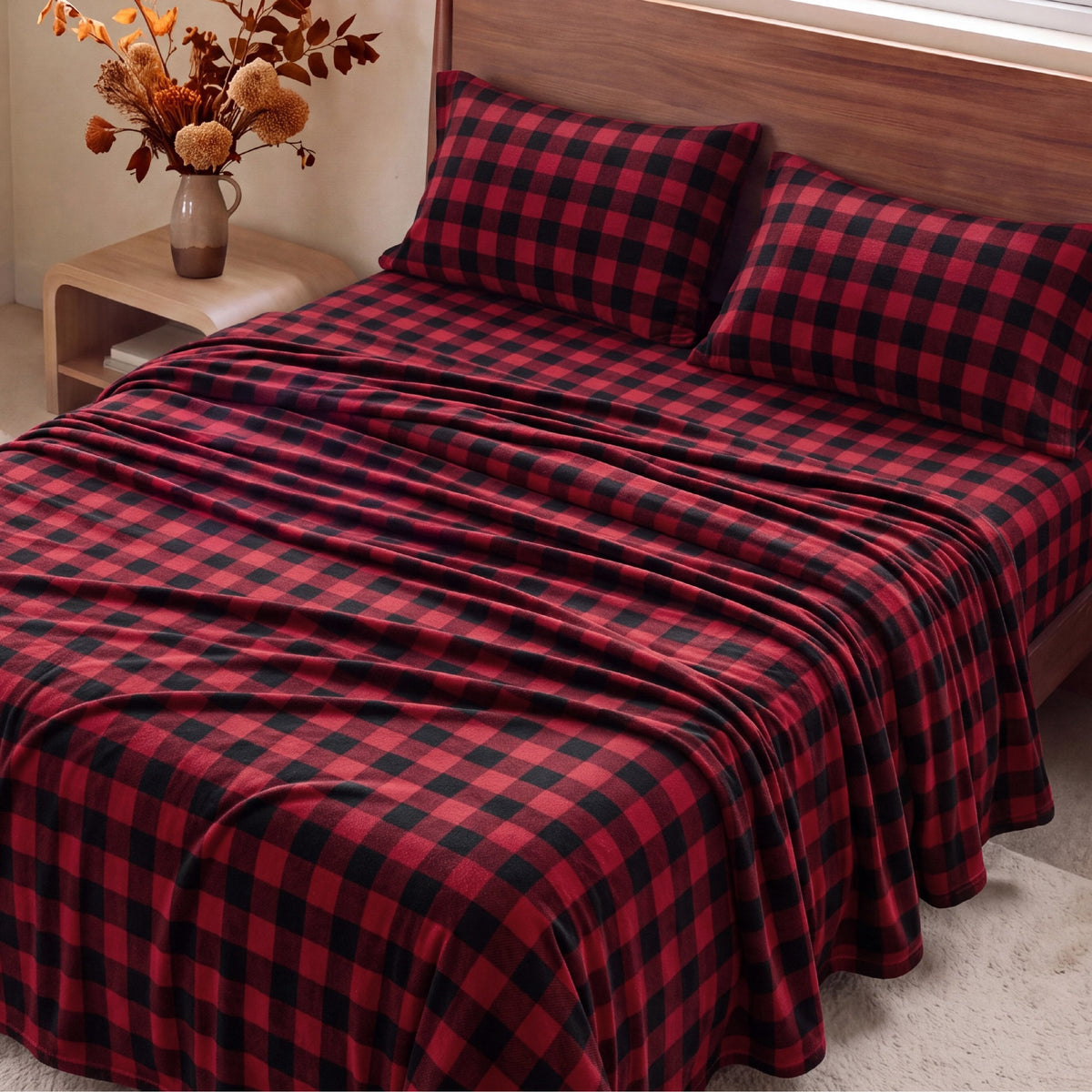 U by Bedsure Flannel Fleece Queen Sheets Set, 4 Pieces Deep Pockets Anti-Static Warm Bed Sheets, Buffalo Red Black New