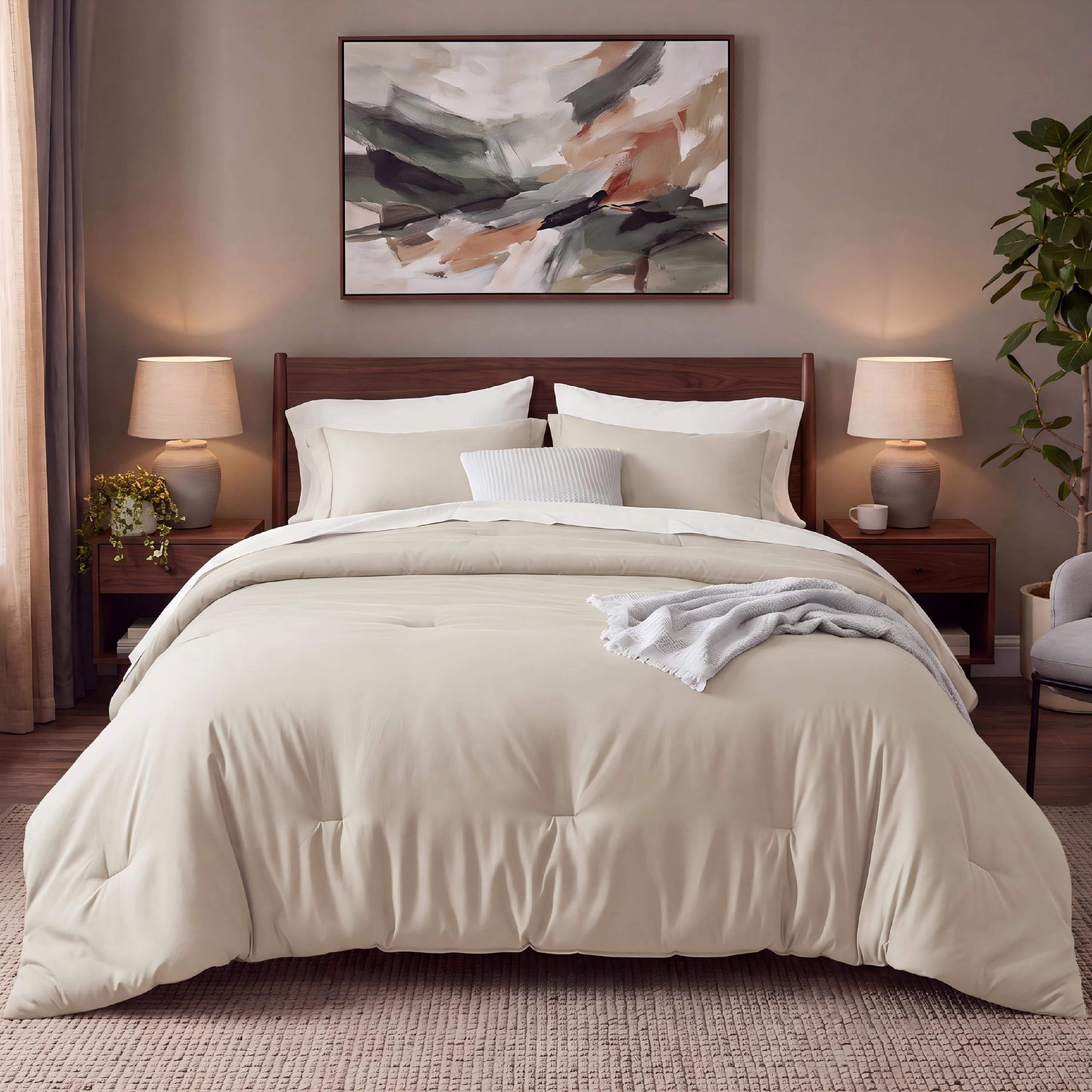 U by Bedsure Full Comforter Set Beige, 7 Pieces Reversible Bed in a Bag, Boho Lightweight Bedding Set, Contrasting Design New