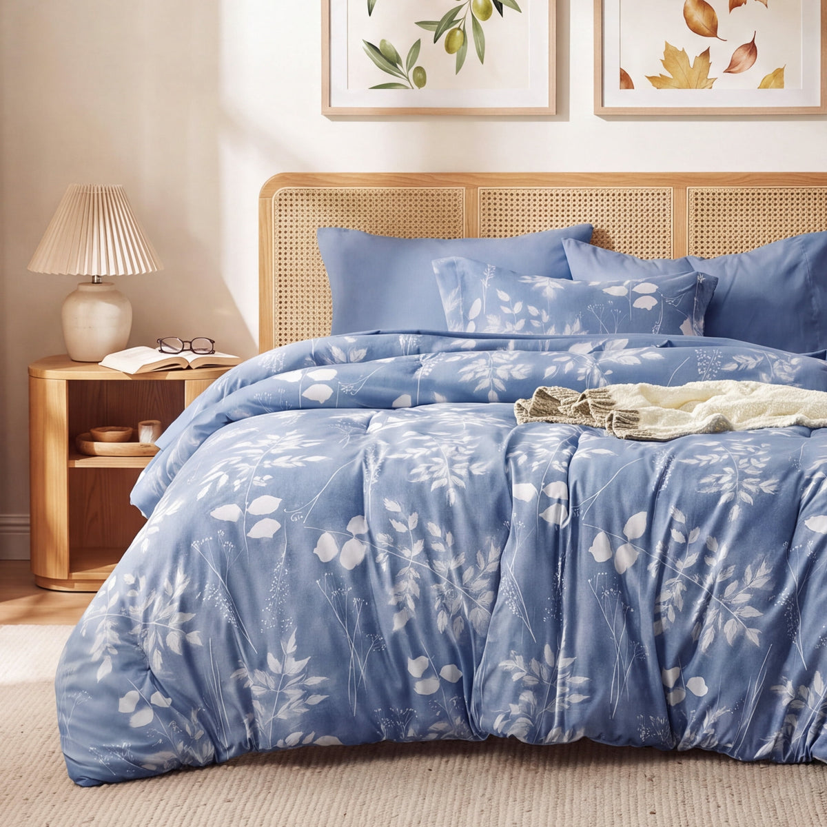 U by Bedsure Full Comforter Set Blue, Bed in a Bag Full Size Bedding, 7-Pieces Botanical Flowers Spring Comforter, Sheets, Pillowcases & Shams New