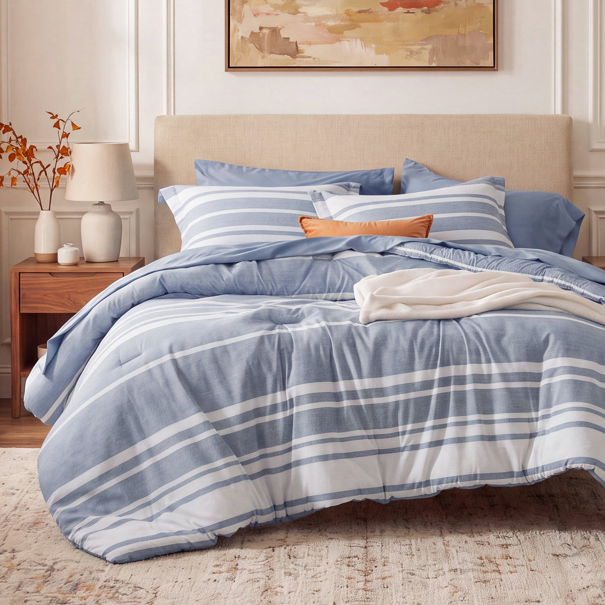 U by Bedsure Full Comforter Set Blue, 7 Pieces Reversible Bed in a Bag, Striped Bedding Set, All-Season New