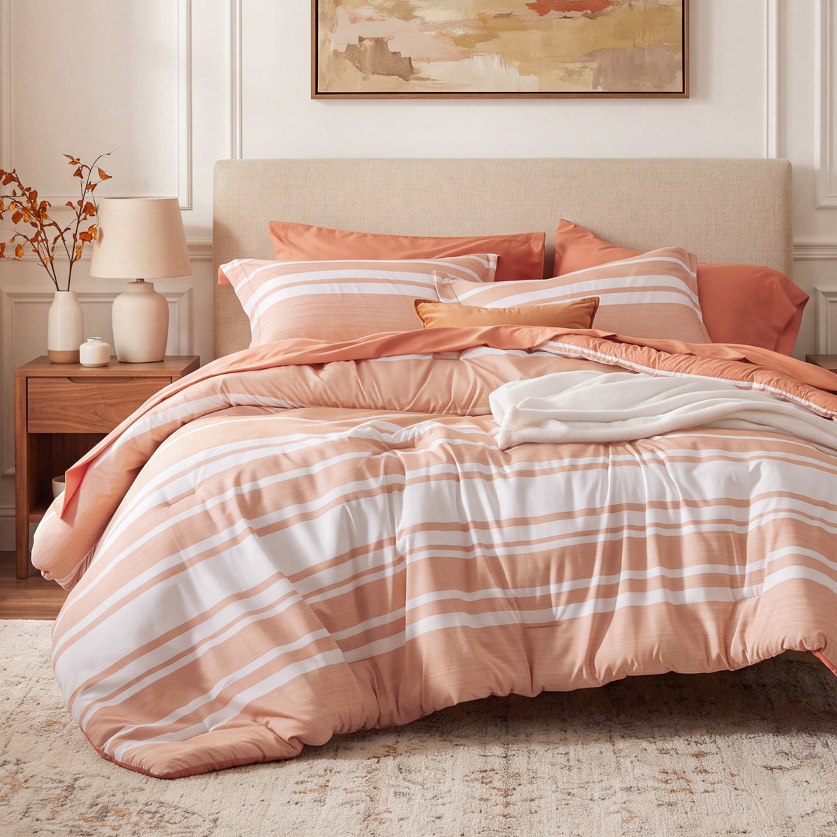 U by Bedsure Full Comforter Set Burnt Orange, 7 Pieces Reversible Bed in a Bag, Striped Bedding Set, All-Season New