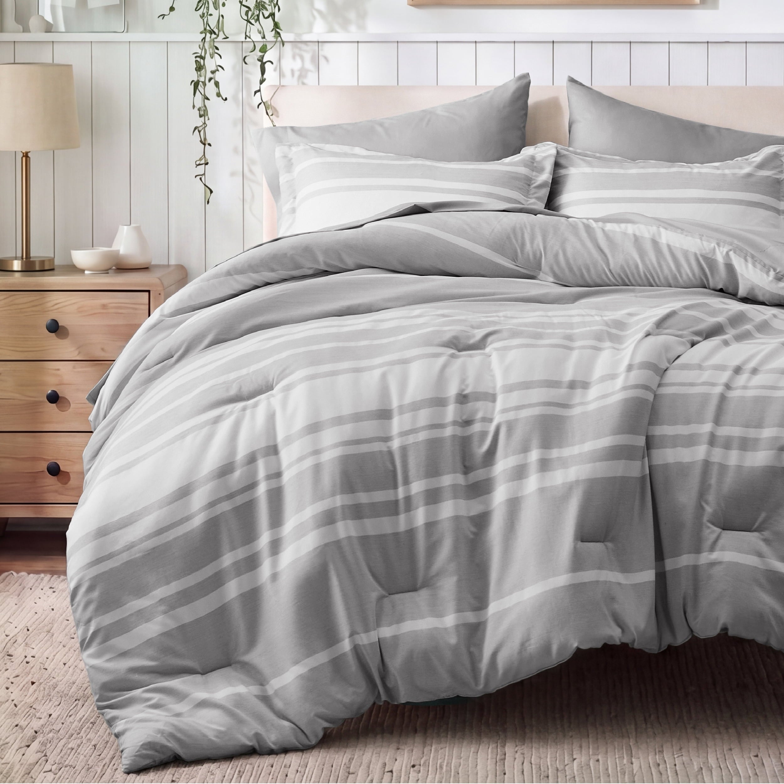 U by Bedsure Full Comforter Set Gray, 7 Pieces Reversible Bed in a Bag, Striped Bedding Set, All-Season New