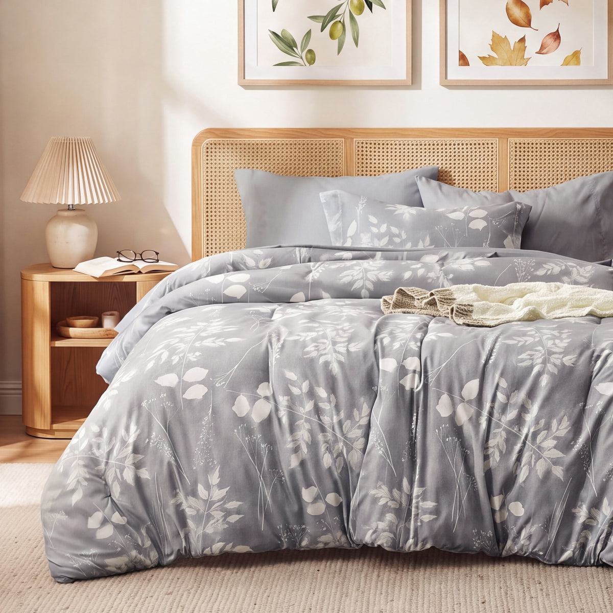 U by Bedsure Full Comforter Set Grey, Bed in a Bag Full Size Bedding, 7-Pieces Botanical Flowers Spring Comforter, Sheets, Pillowcases & Shams New
