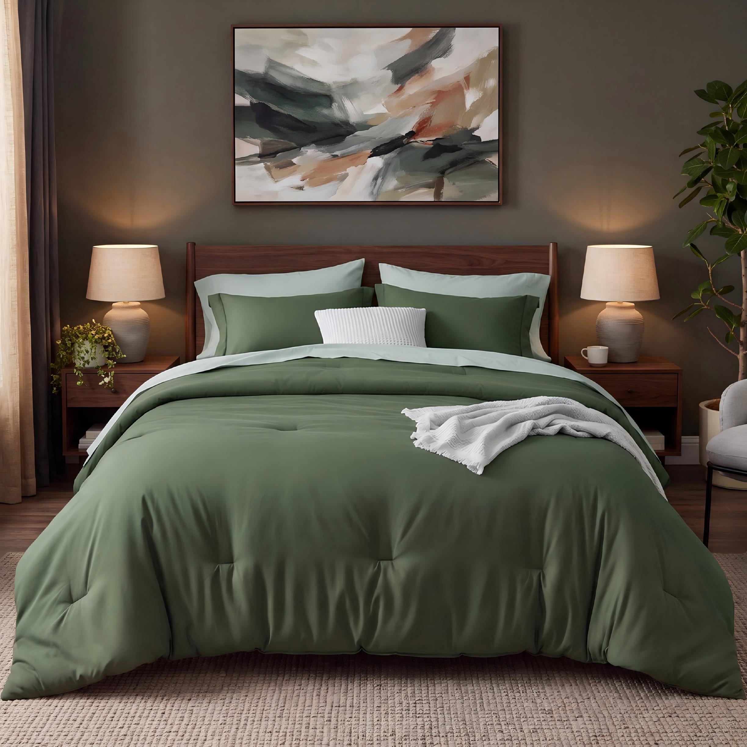 U by Bedsure Full Comforter Set Olive Green, 7 Pieces Reversible Bed in a Bag, Boho Lightweight Bedding Set, Contrasting Design New