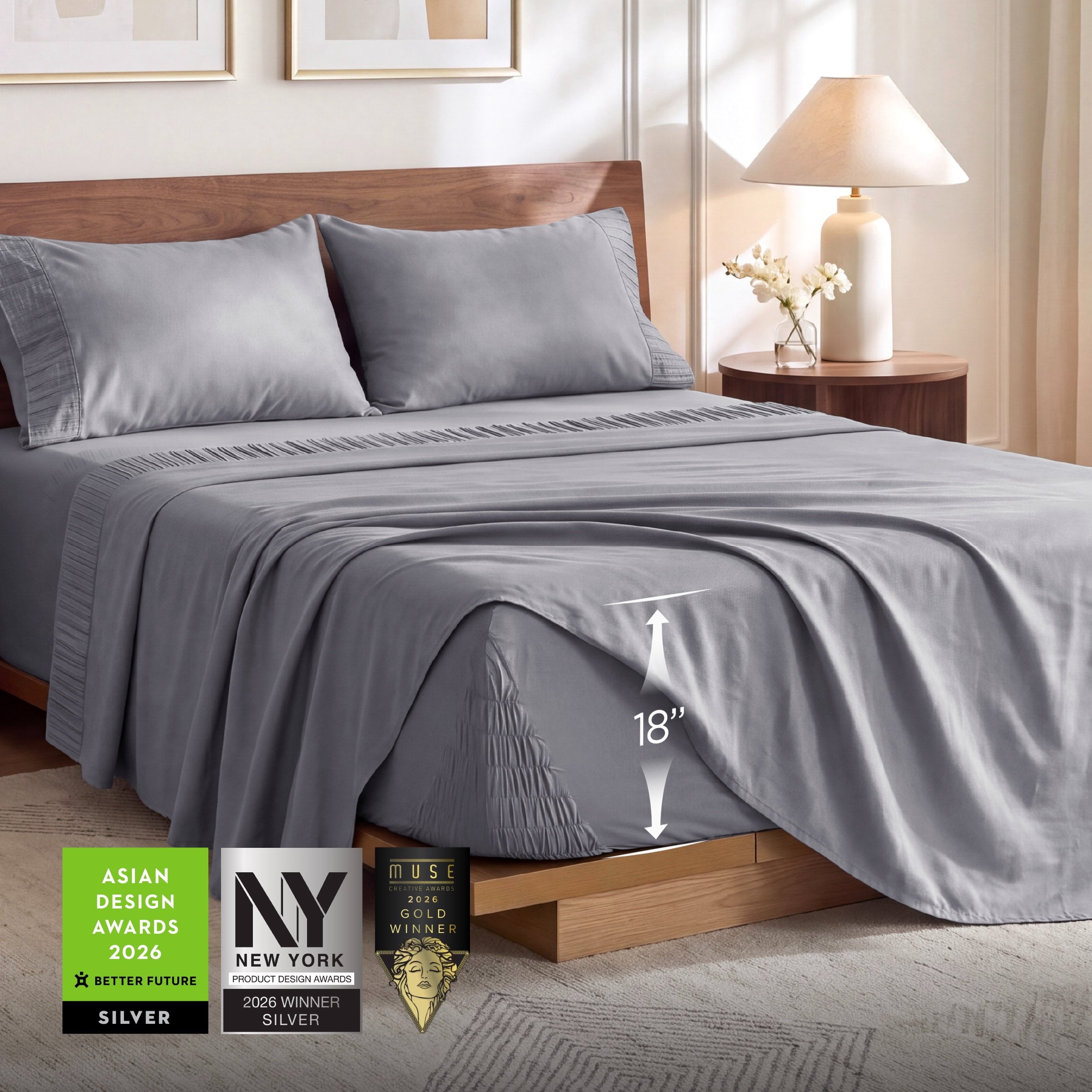 U by Bedsure Stay Put Full Sheet Sets, 4 Piece 18" Deep Pockets Non-Slip Polyester Microfiber Bed Sheets, Gray New