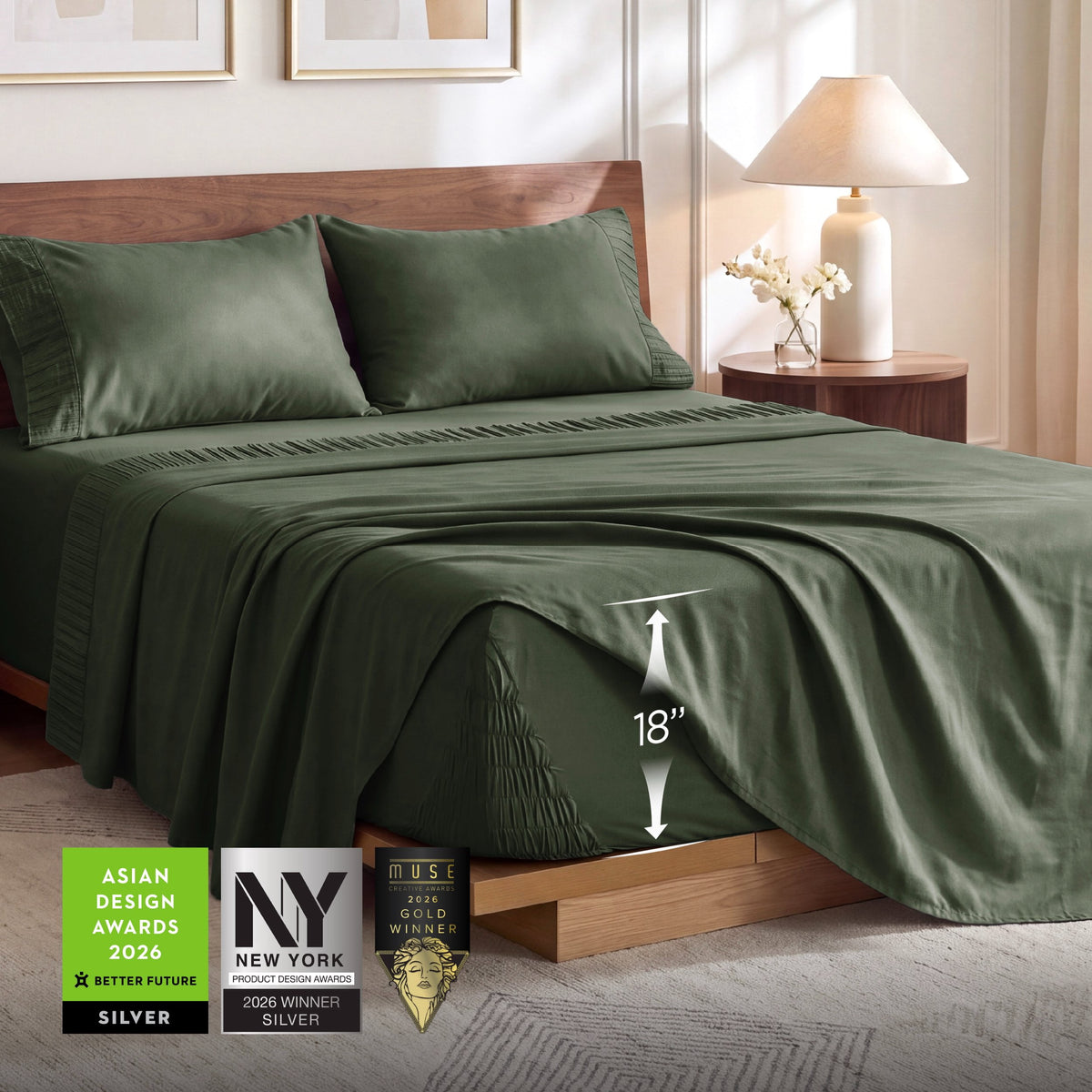 U by Bedsure Stay Put Full Sheet Sets, 4 Piece 18" Deep Pockets Non-Slip Polyester Microfiber Bed Sheets, Olive Green New