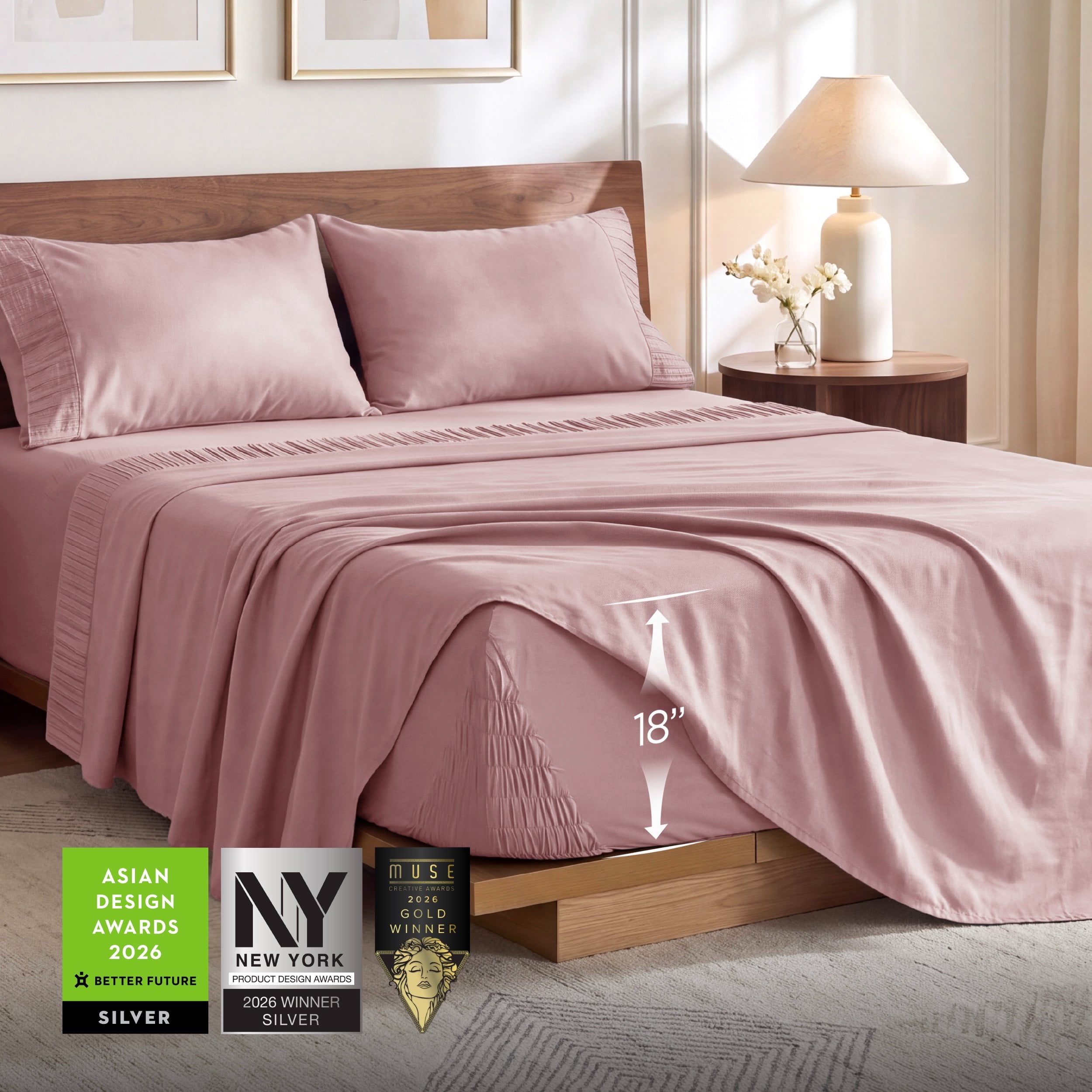 U by Bedsure Stay Put Full Sheet Sets, 4 Piece 18" Deep Pockets Non-Slip Polyester Microfiber Bed Sheets, Pink New